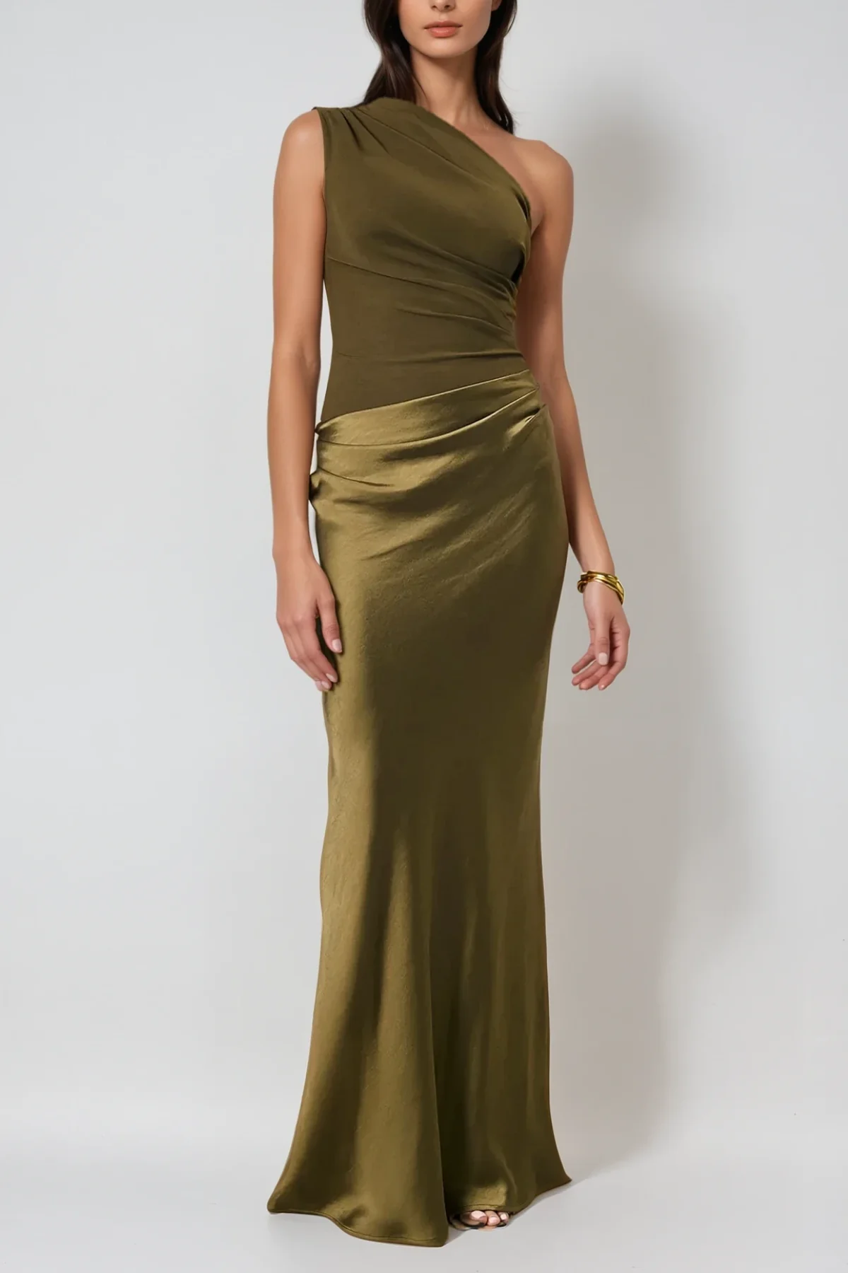 Green Satin One Shoulder Maxi Dress - Elegant & Stylish Design