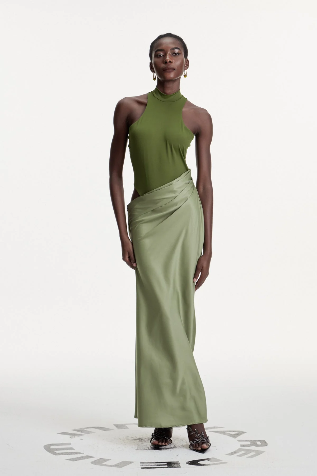 Green Satin Maxi Dress with Tank Top Design