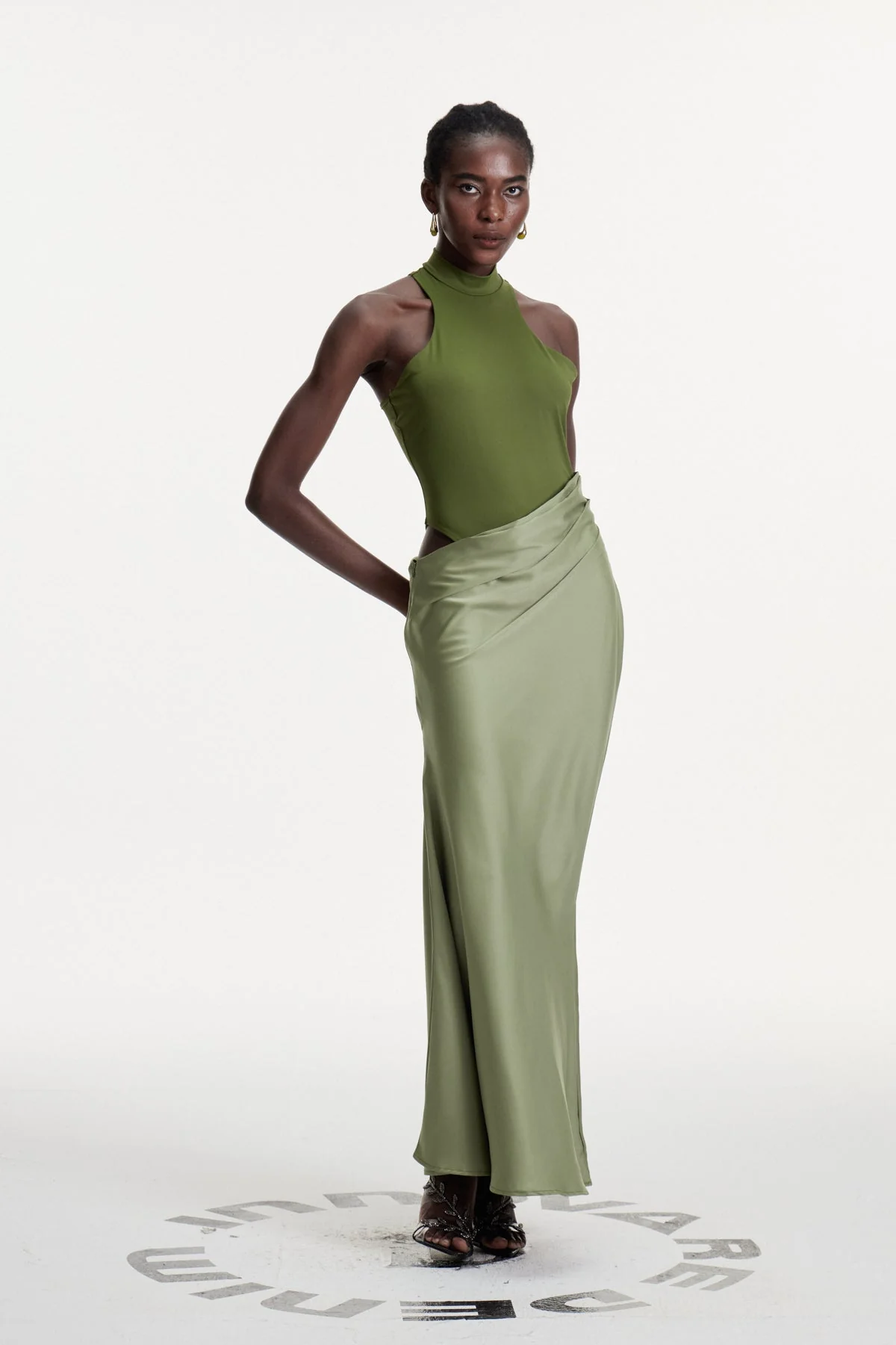 Green Satin Maxi Dress with Tank Top Design