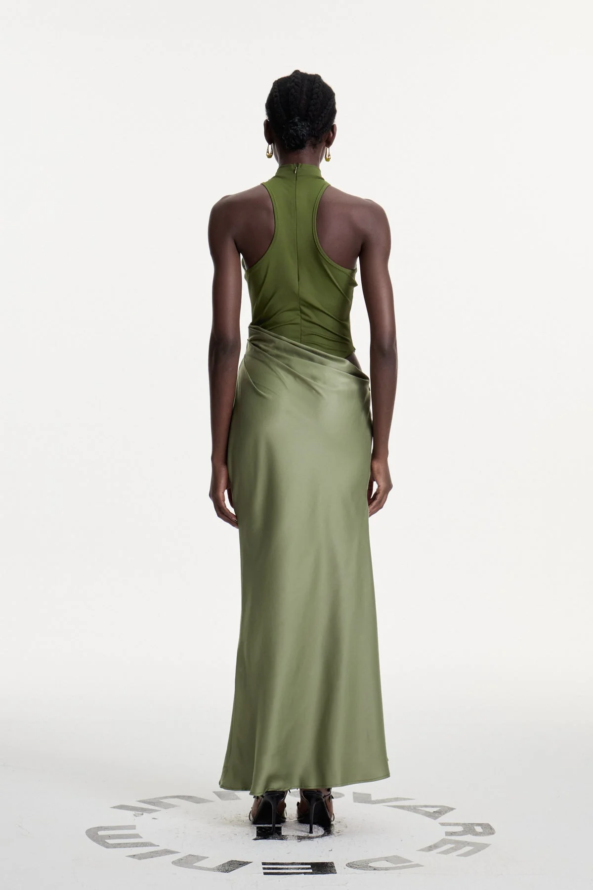 Green Satin Maxi Dress with Tank Top Design