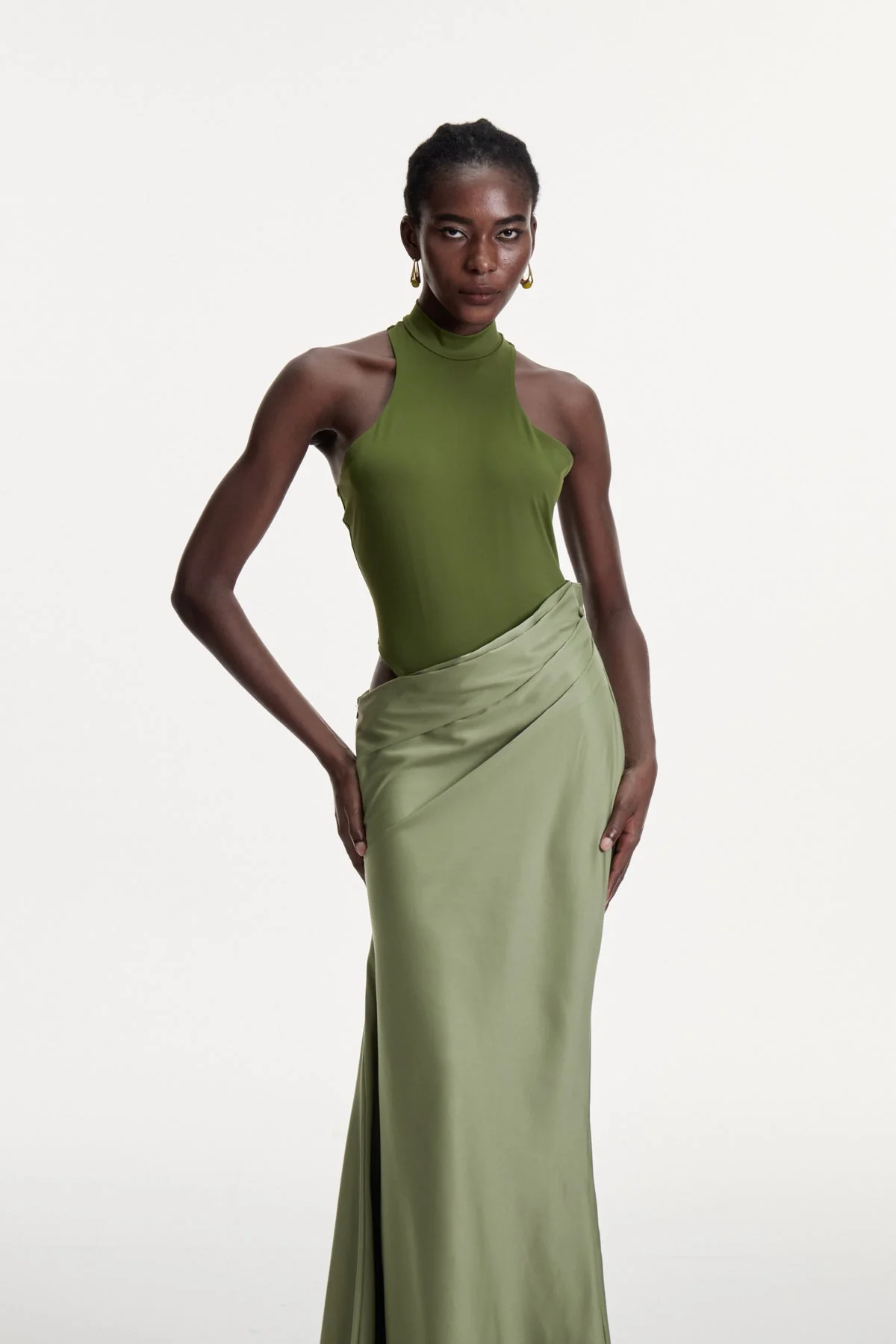 Green Satin Maxi Dress with Tank Top Design