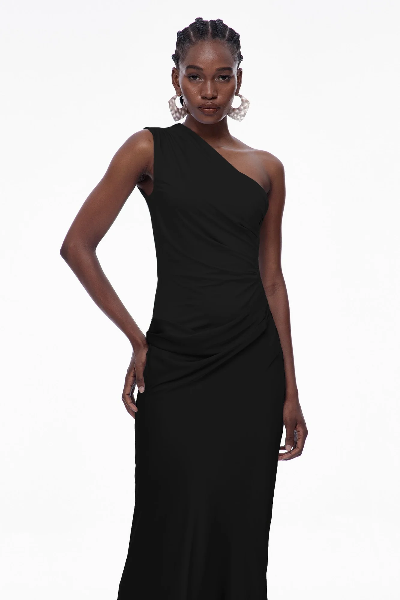 Black Satin Maxi Dress with One-Shoulder Design