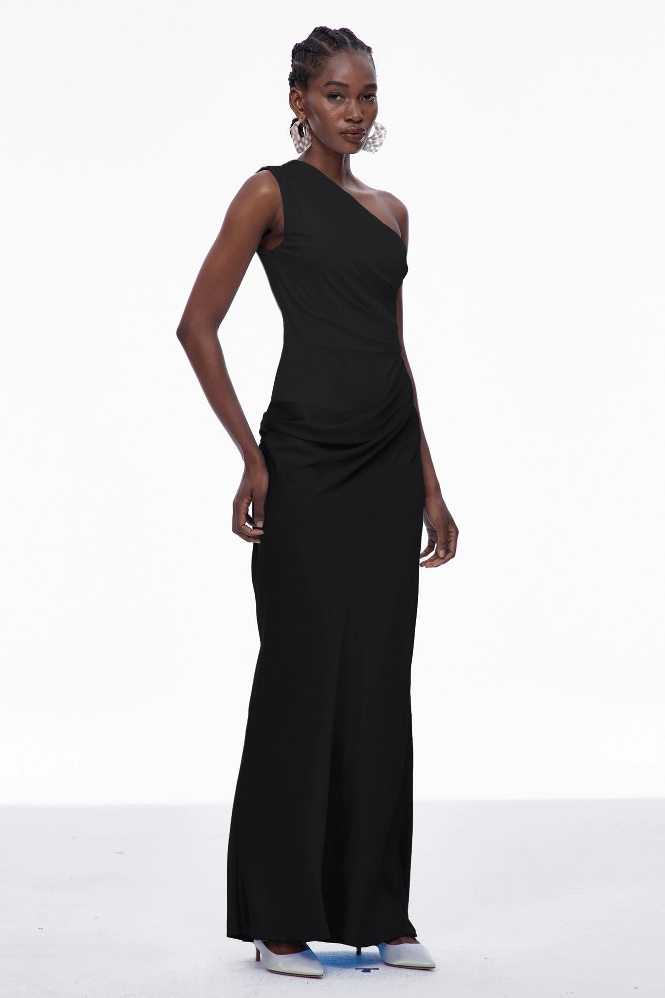 Black Satin Maxi Dress with One-Shoulder Design