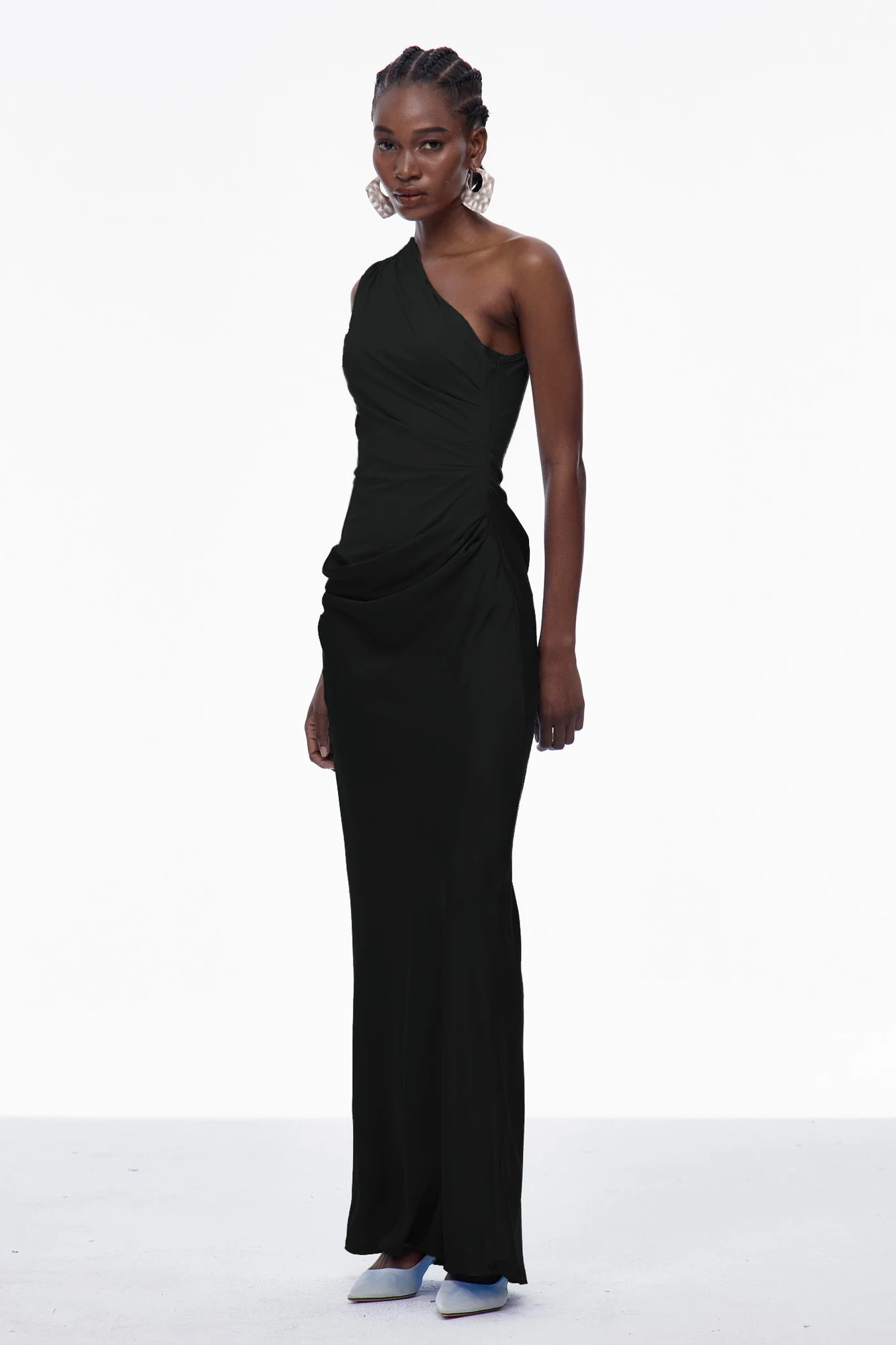 Black Satin Maxi Dress with One-Shoulder Design