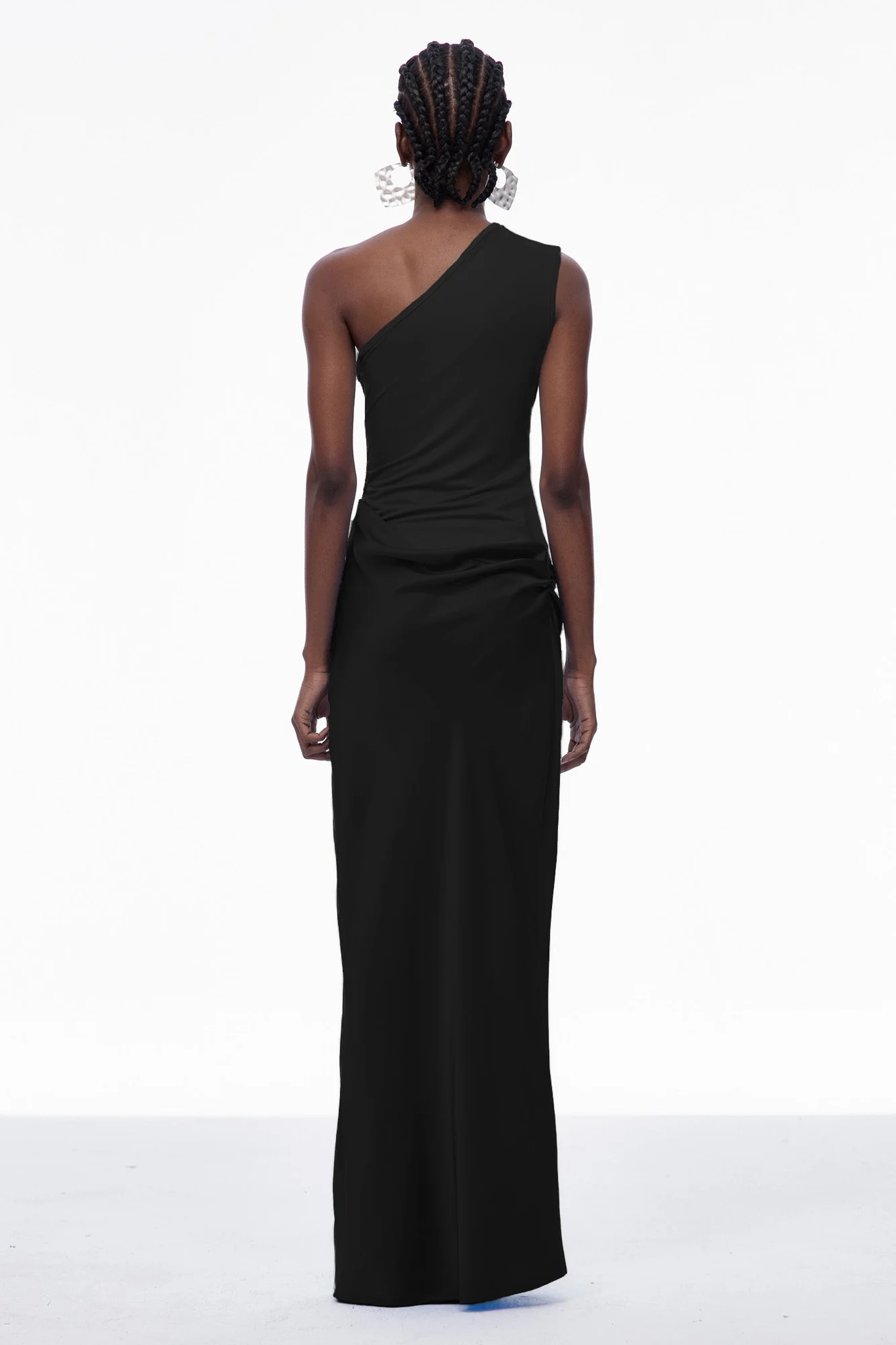 Black Satin Maxi Dress with One-Shoulder Design