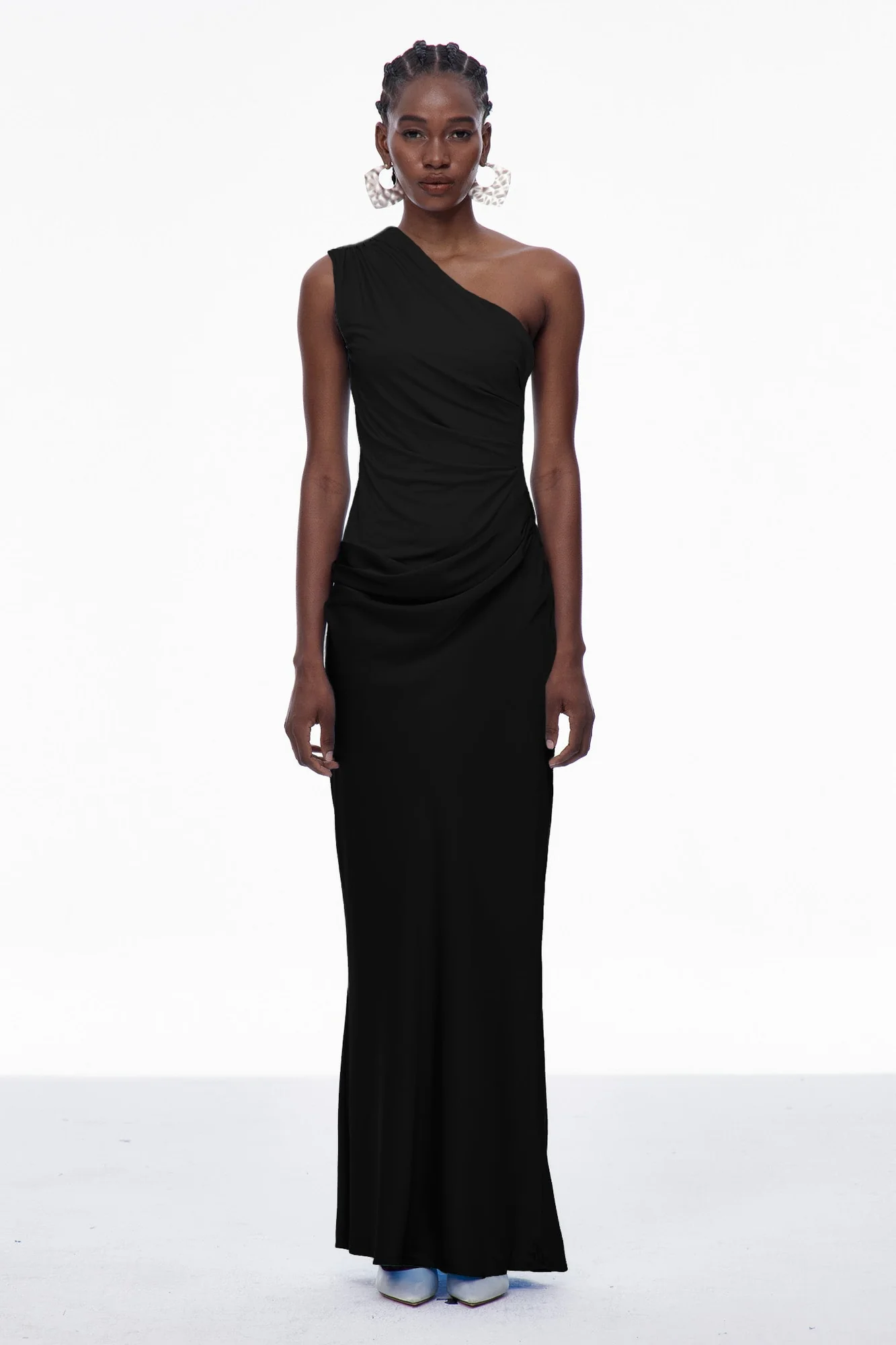 Black Satin Maxi Dress with One-Shoulder Design