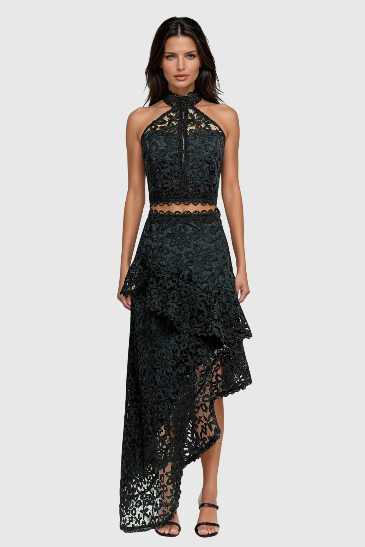 Elegant Black Lace Asymmetric Maxi Skirt Set