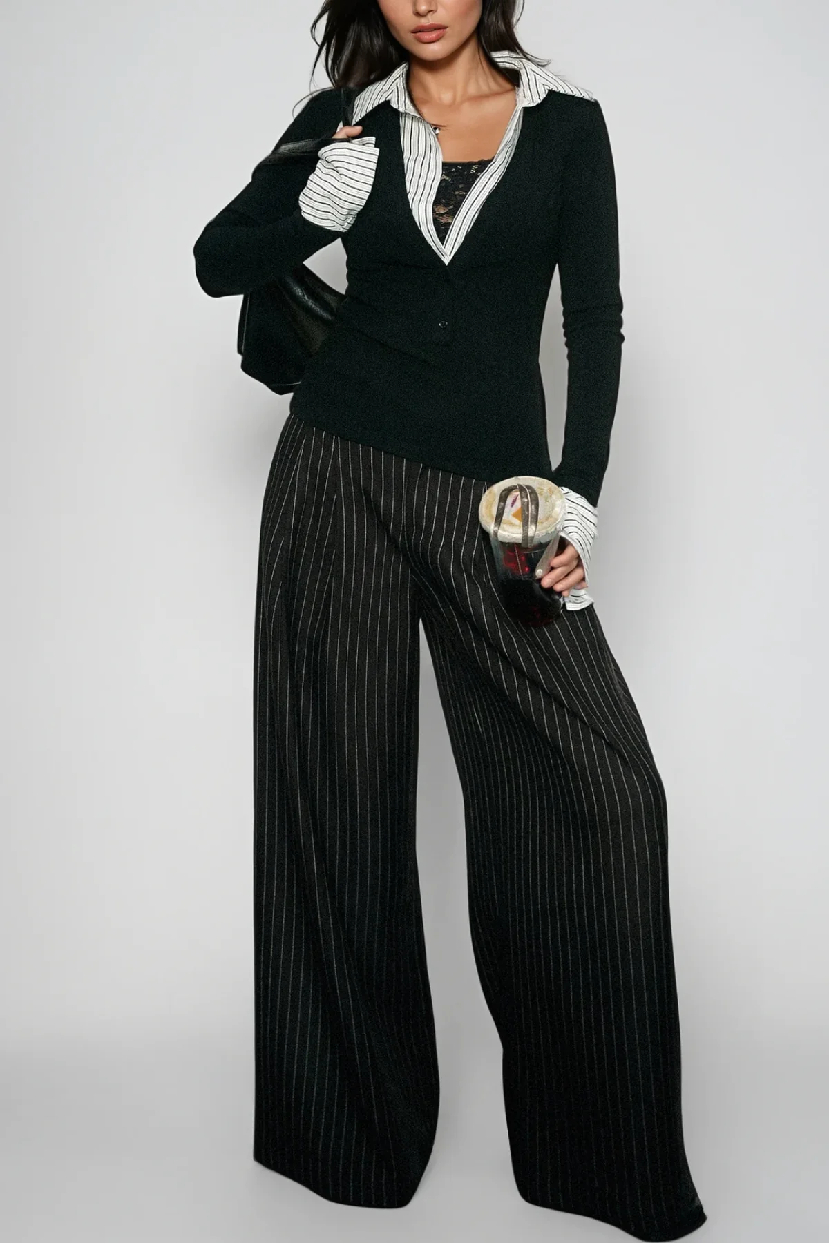 Sophisticated Stripe Plunge Pants Set in Black