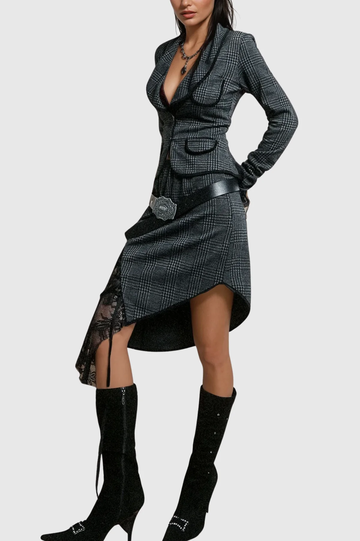 Grid Lace Backless Lapel Skirt Set