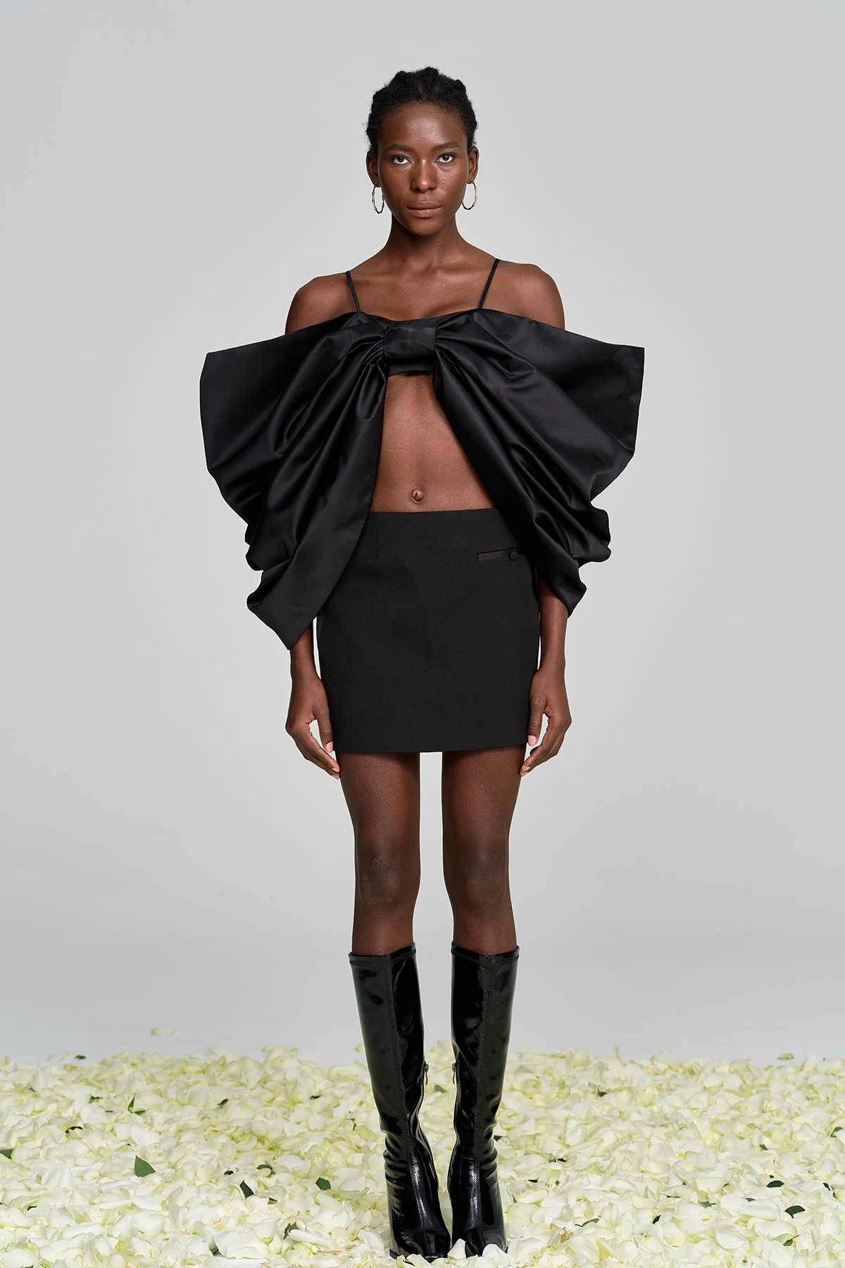 Elegant Black Bow Spaghetti Ruch Top for Women