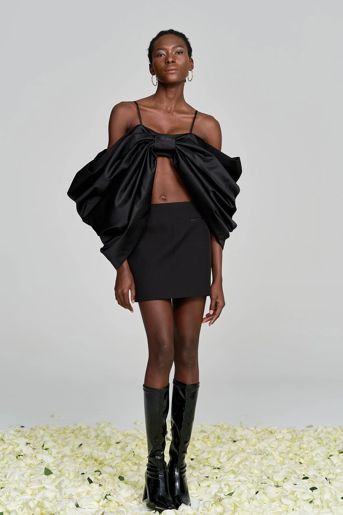 Elegant Black Bow Spaghetti Ruch Top for Women