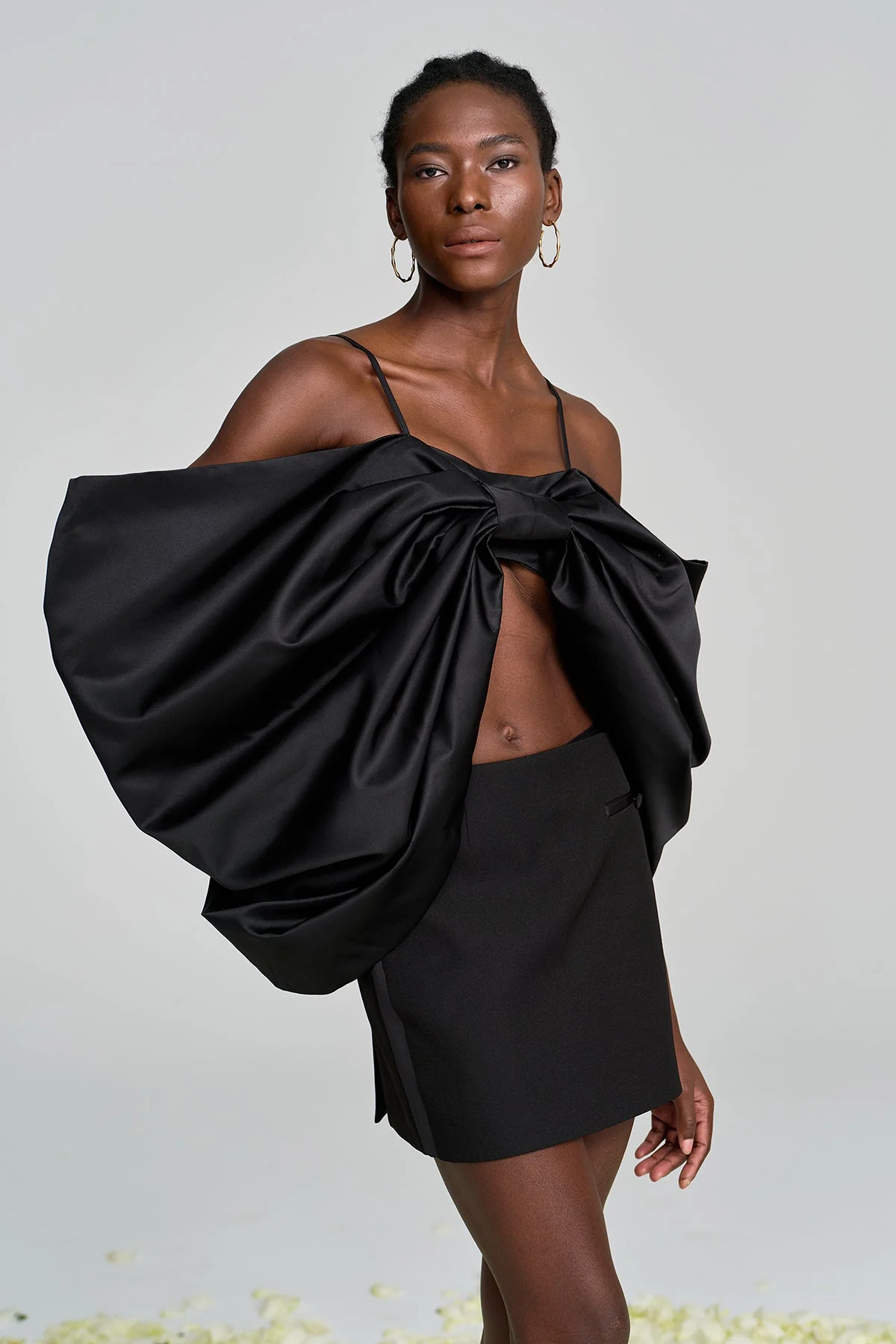 Elegant Black Bow Spaghetti Ruch Top for Women