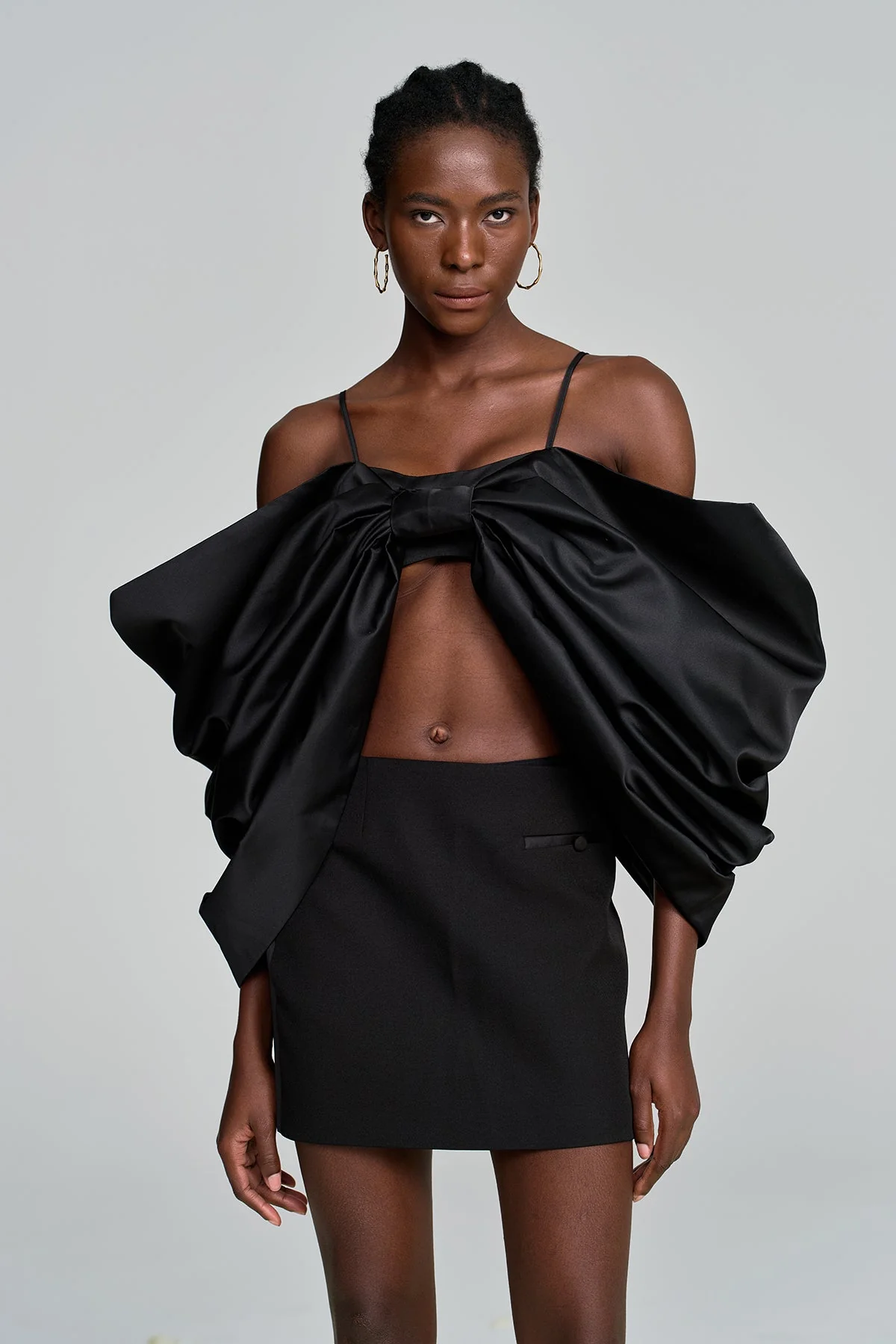 Elegant Black Bow Spaghetti Ruch Top for Women