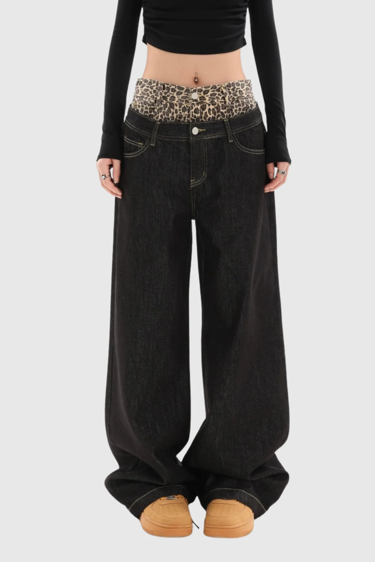 Leopard Print Deconstructed Jeans in Black