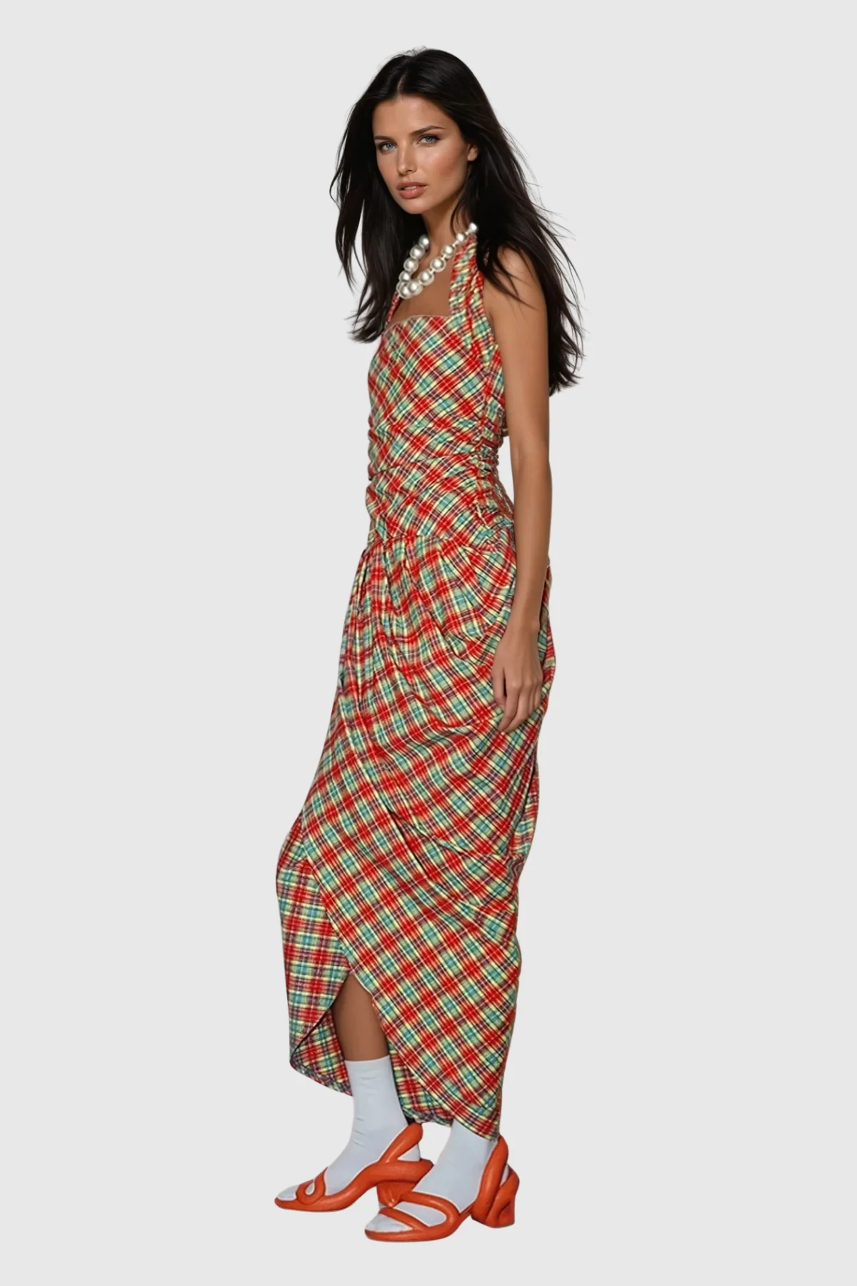 Elegant Grid Pattern Maxi Dress in Red