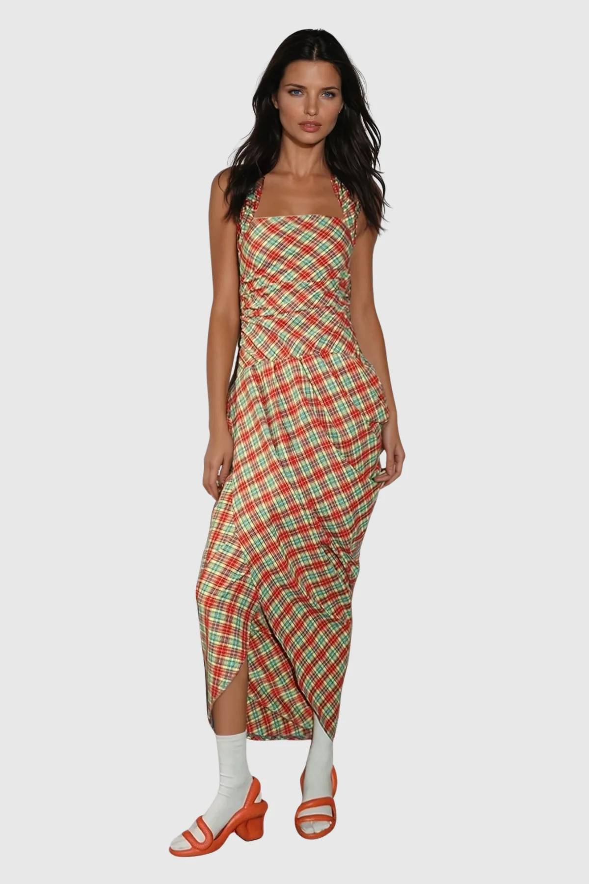 Elegant Grid Pattern Maxi Dress in Red