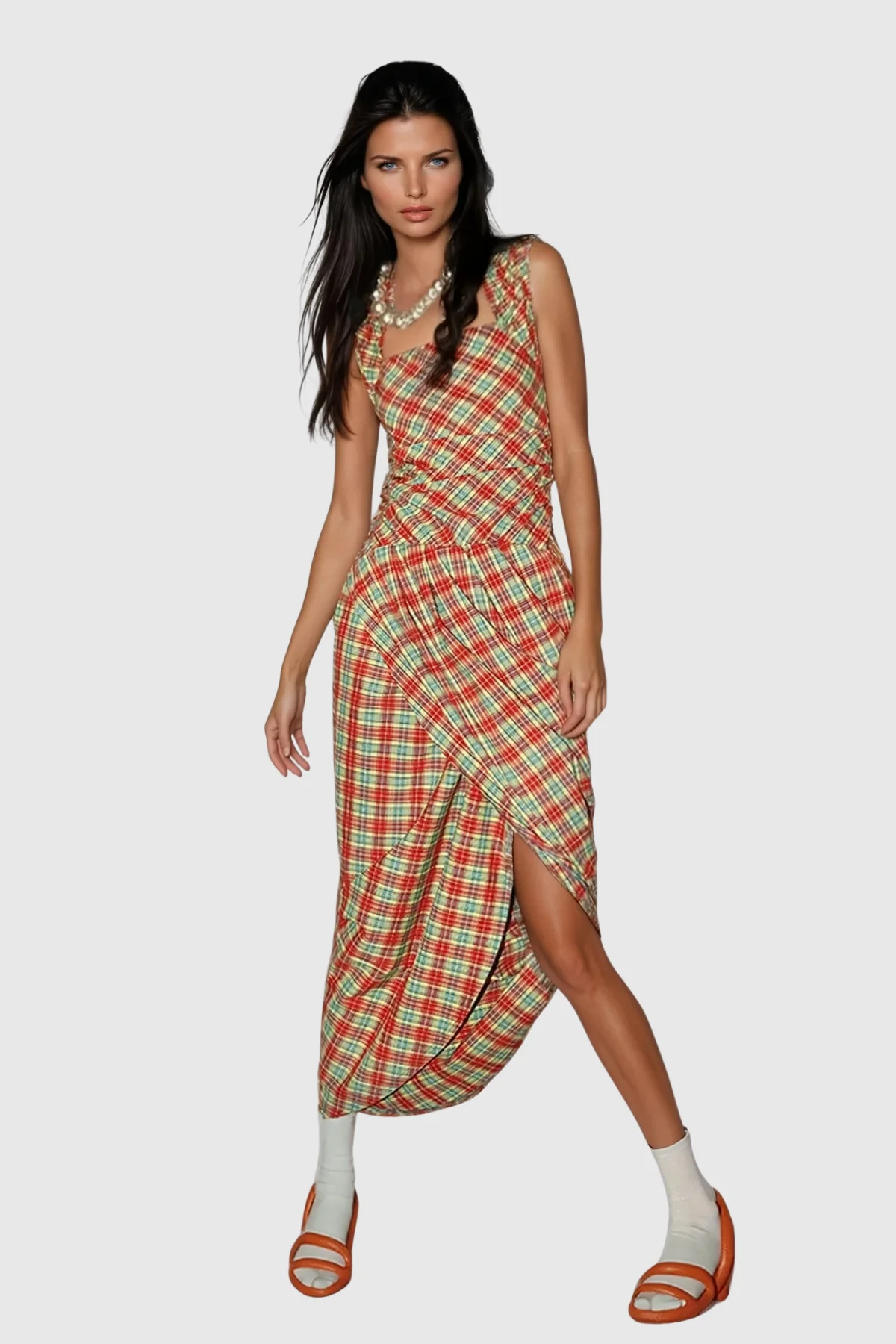 Elegant Grid Pattern Maxi Dress in Red