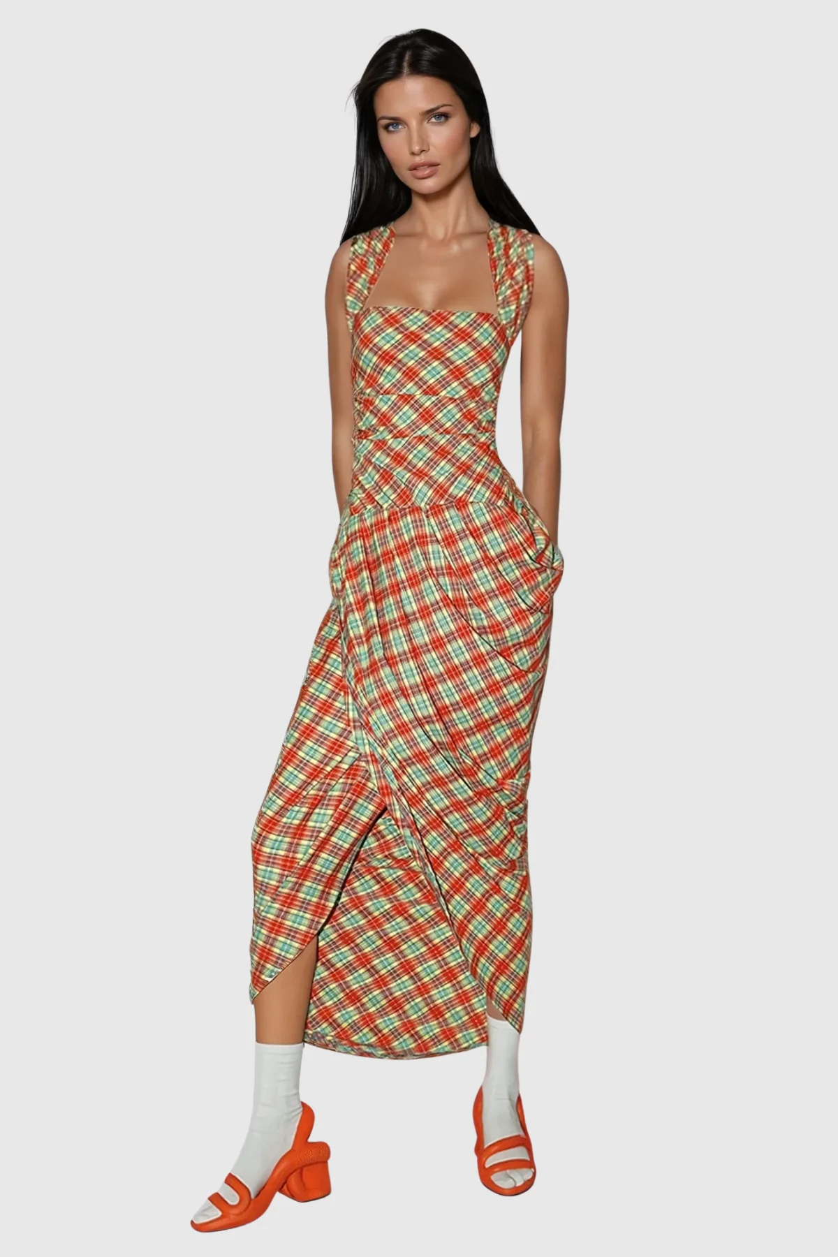 Elegant Grid Pattern Maxi Dress in Red
