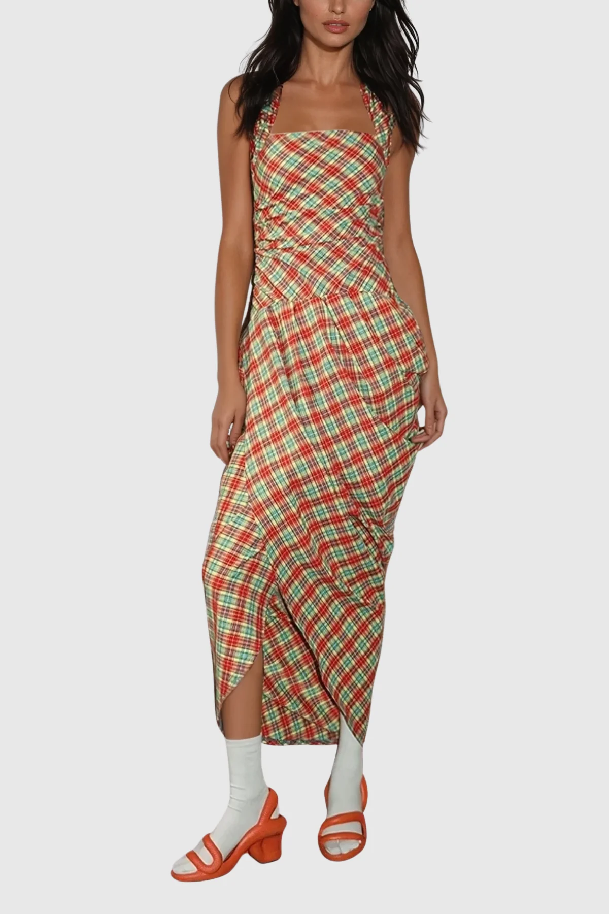 Elegant Grid Pattern Maxi Dress in Red