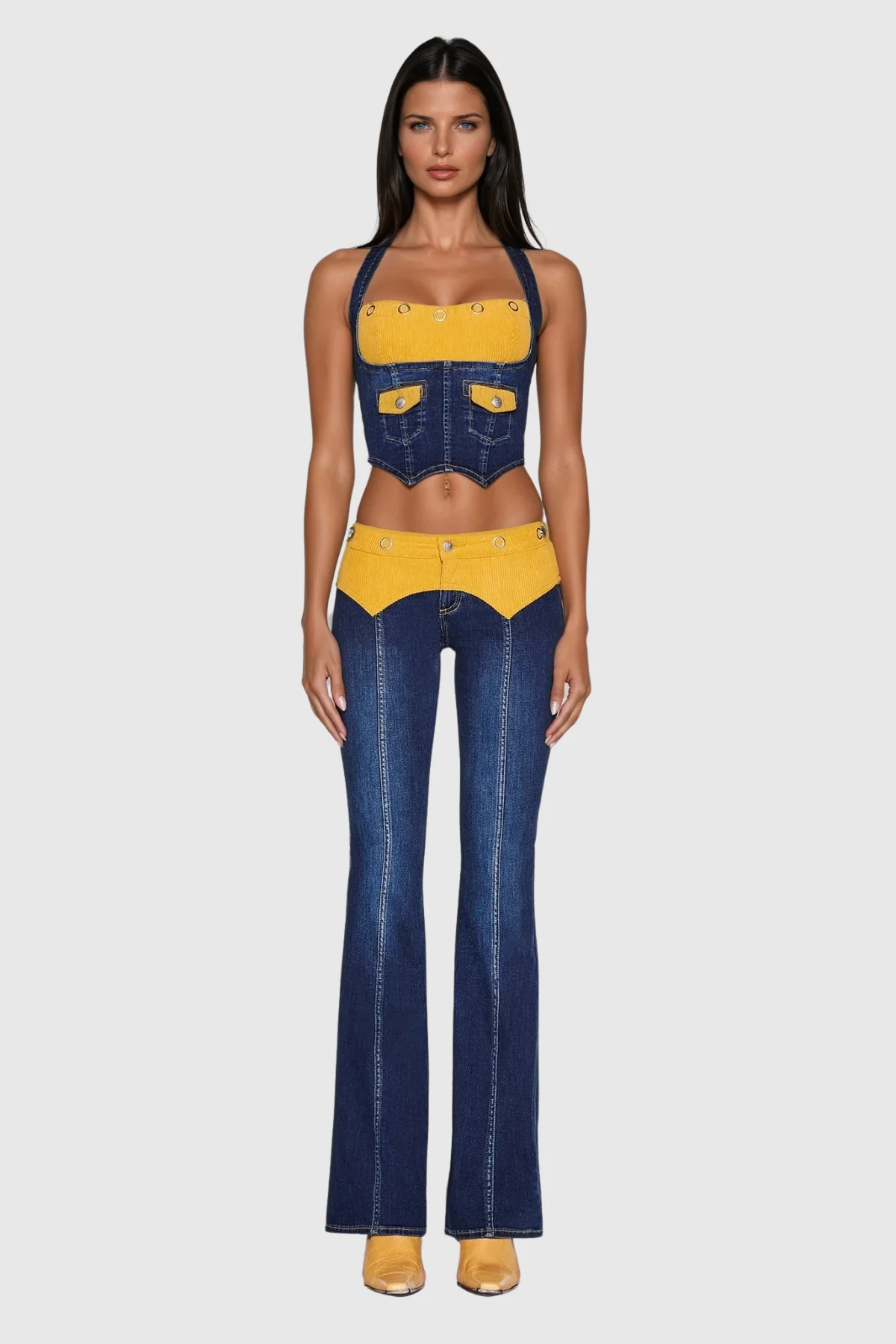 Modern Halter Neck Denim Pants Set