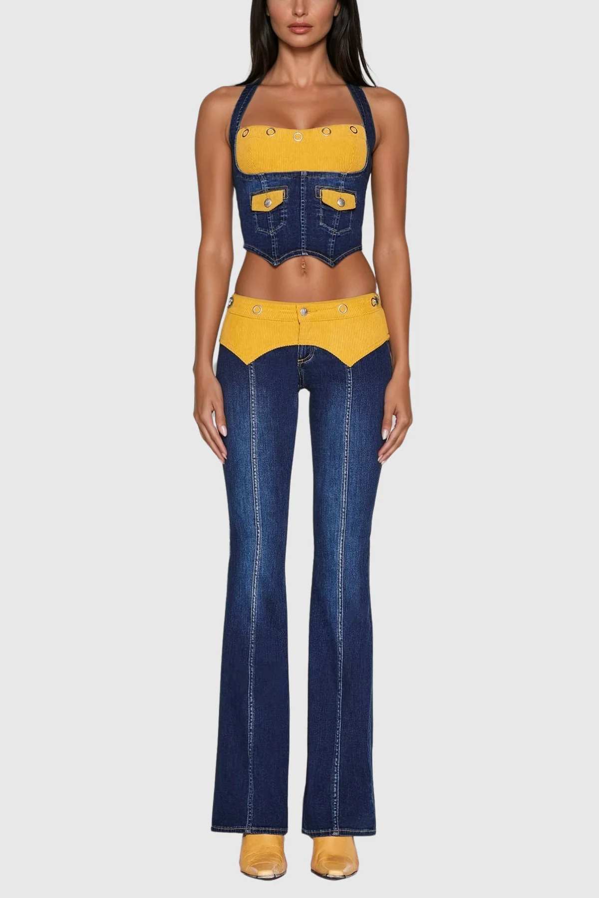 Modern Halter Neck Denim Pants Set