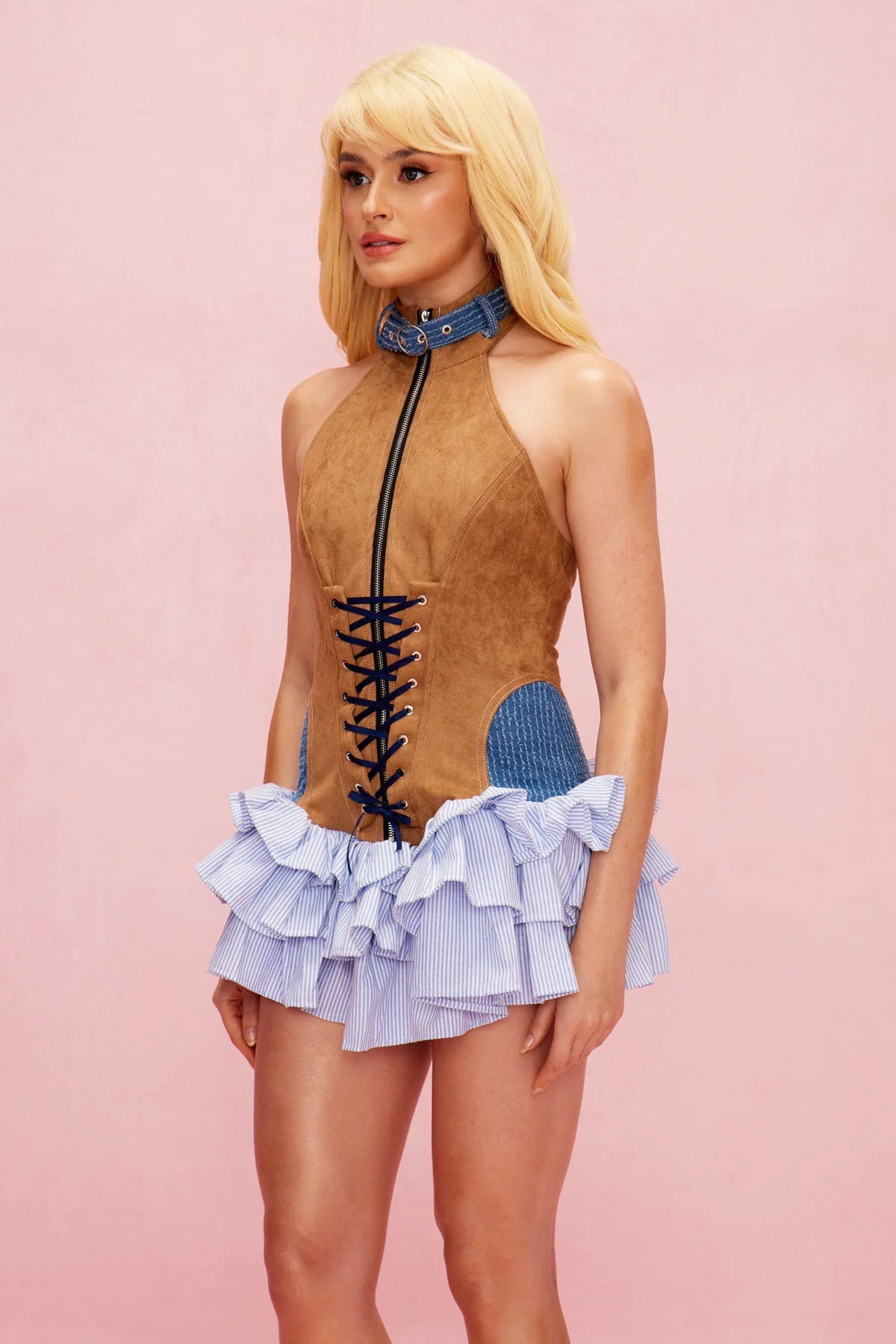 Brown Ruffle Mini Dress with Deconstructed Lace-Up Design