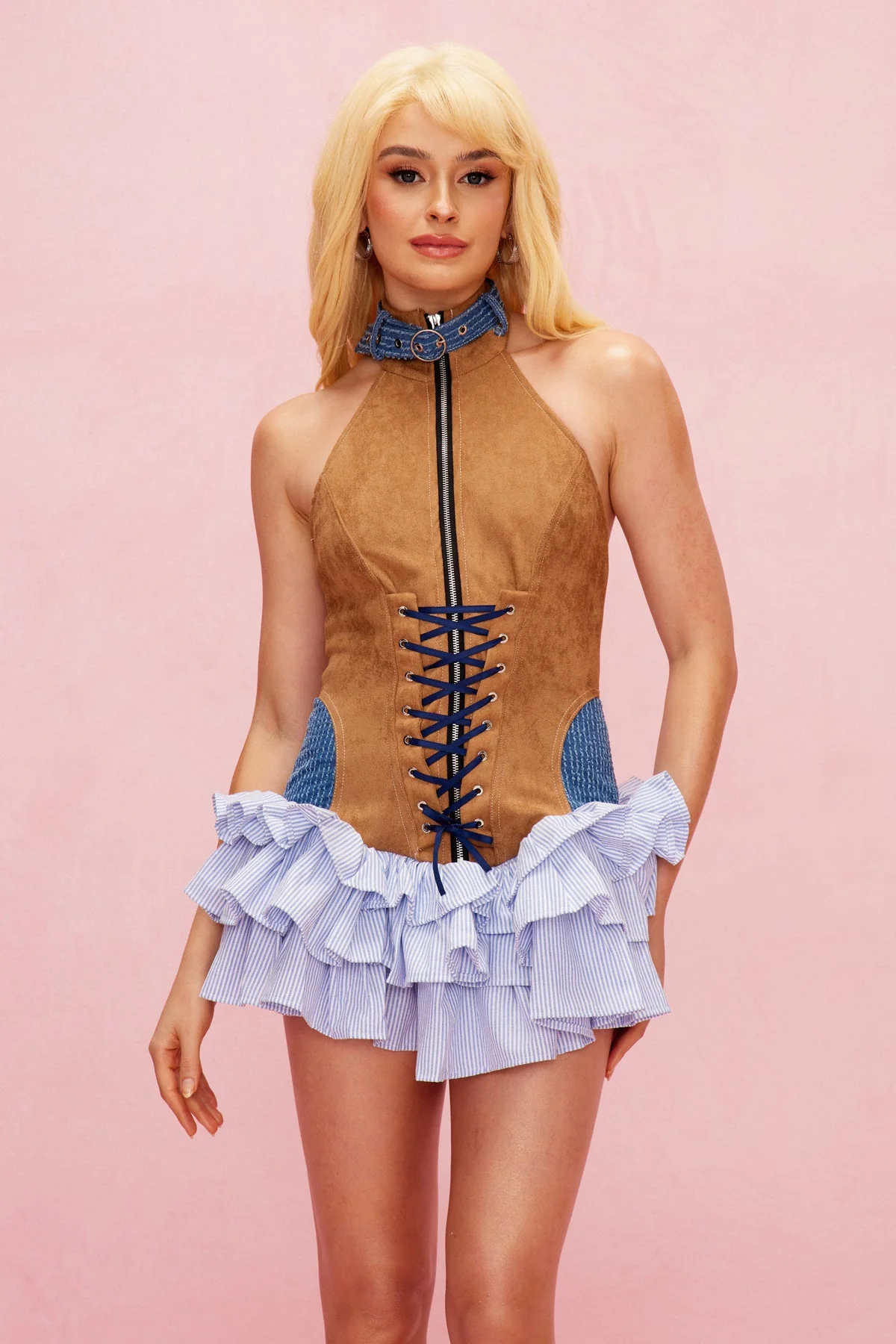 Brown Ruffle Mini Dress with Deconstructed Lace-Up Design