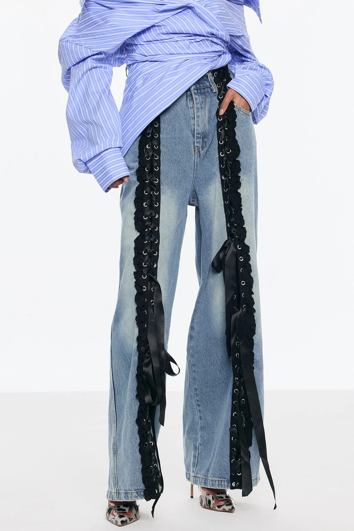 Blue Deconstruct Lace-Up Fringe Jeans