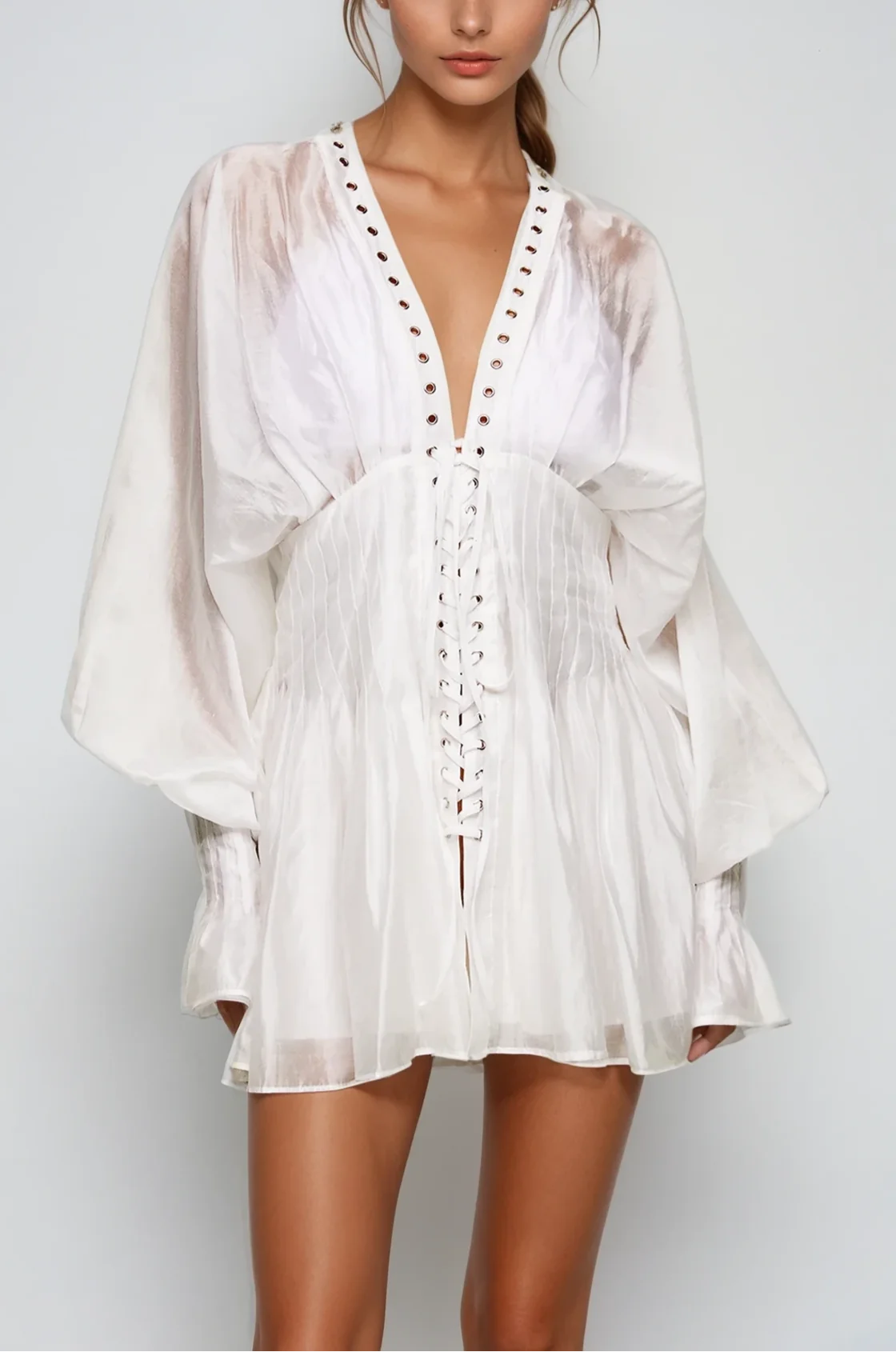 White Lace-Up Mini Dress with Balloon Sleeves
