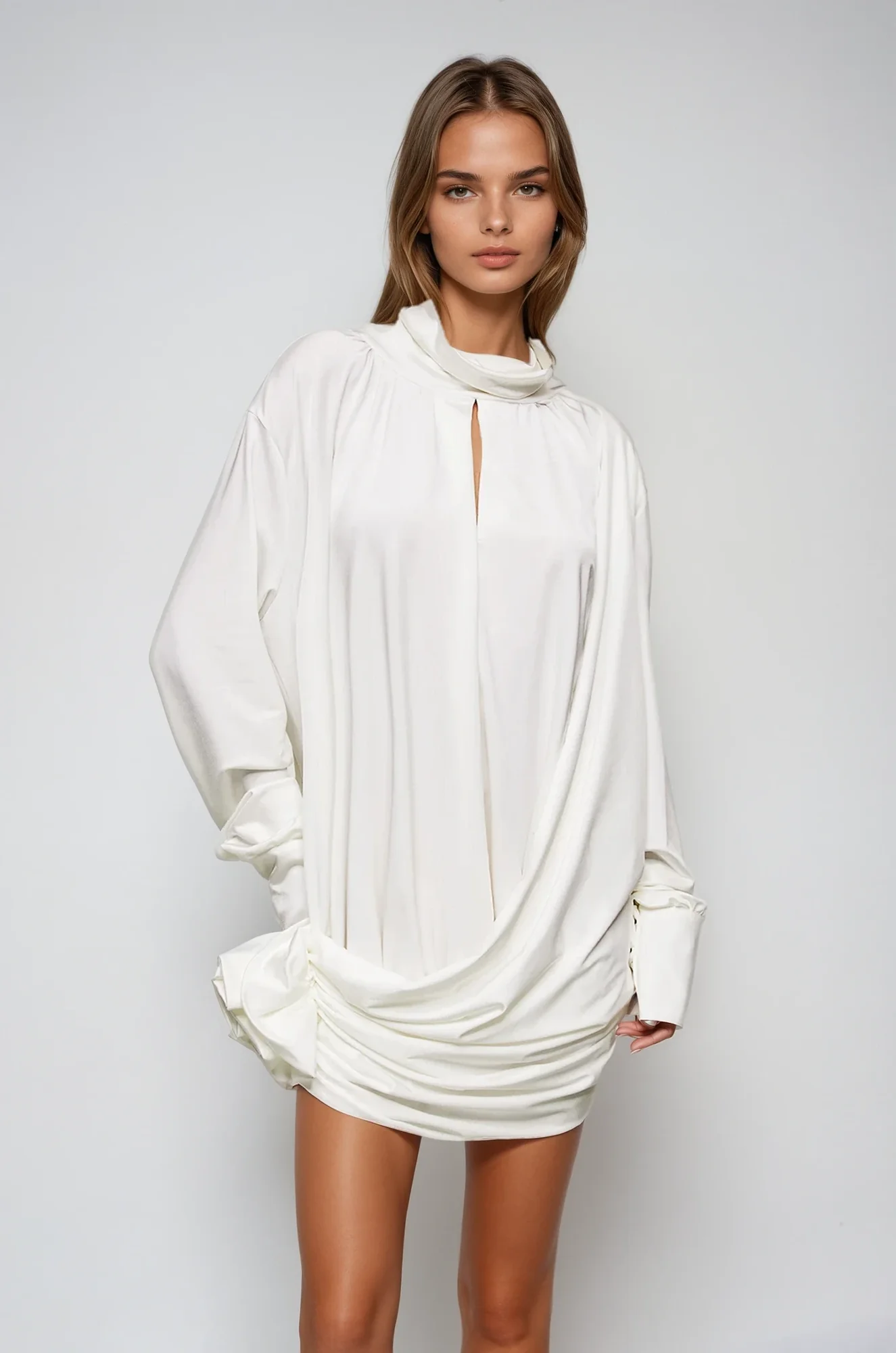 White Mesh Floral Cutout Ruched Mini Dress