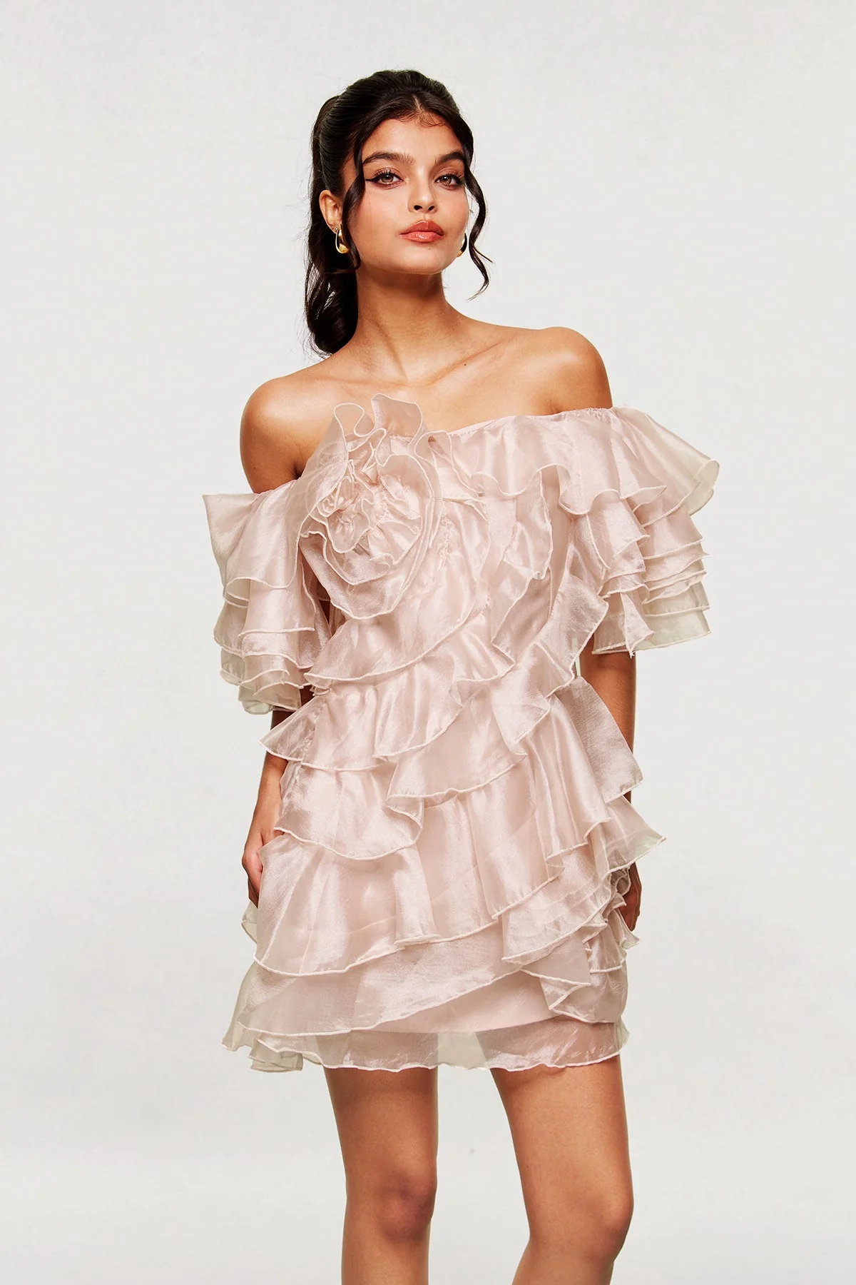 Champagne Ruffle Mini Dress with Textured Detailing