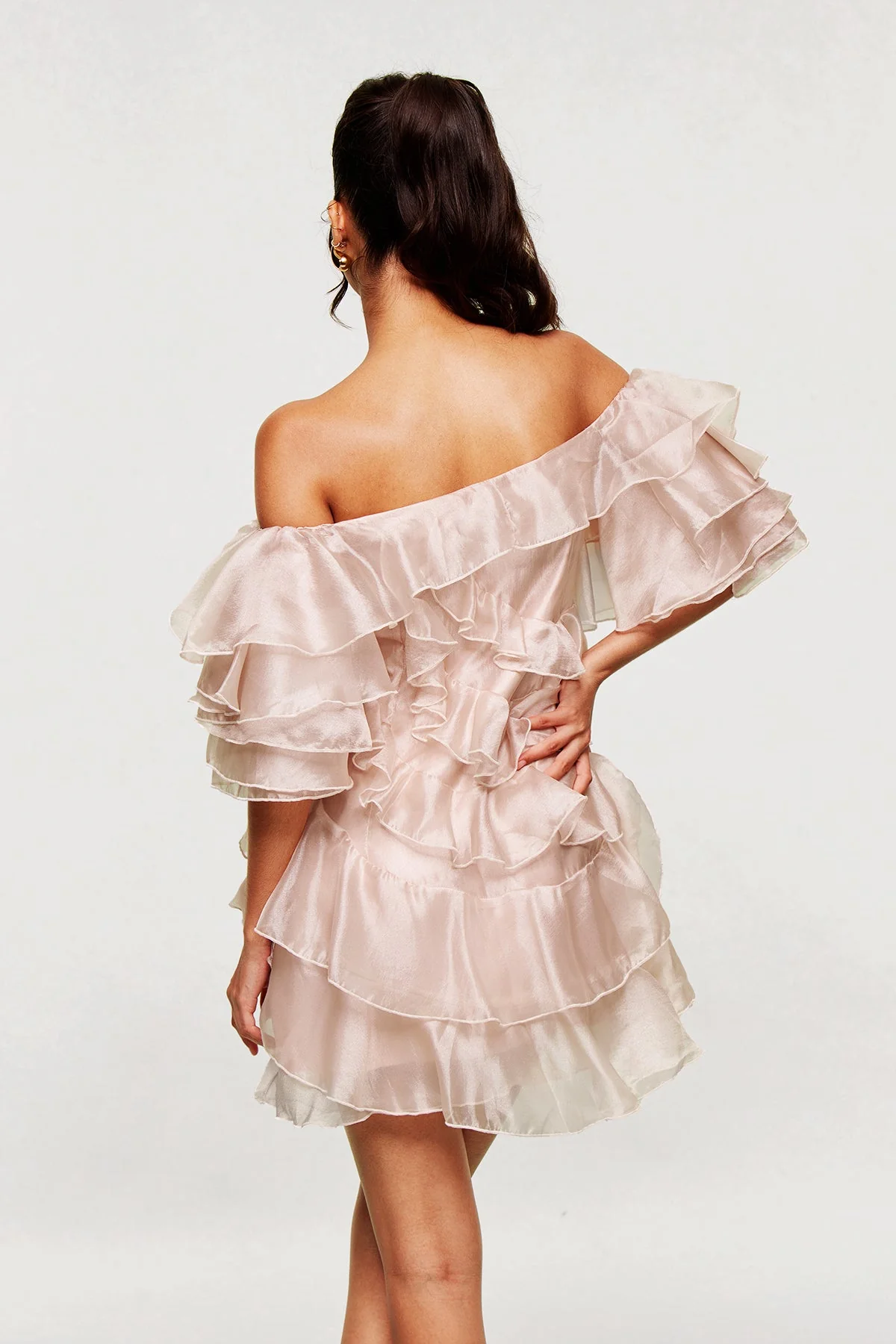 Champagne Ruffle Mini Dress with Textured Detailing