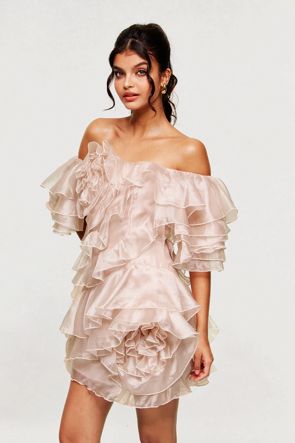 Champagne Ruffle Mini Dress with Textured Detailing