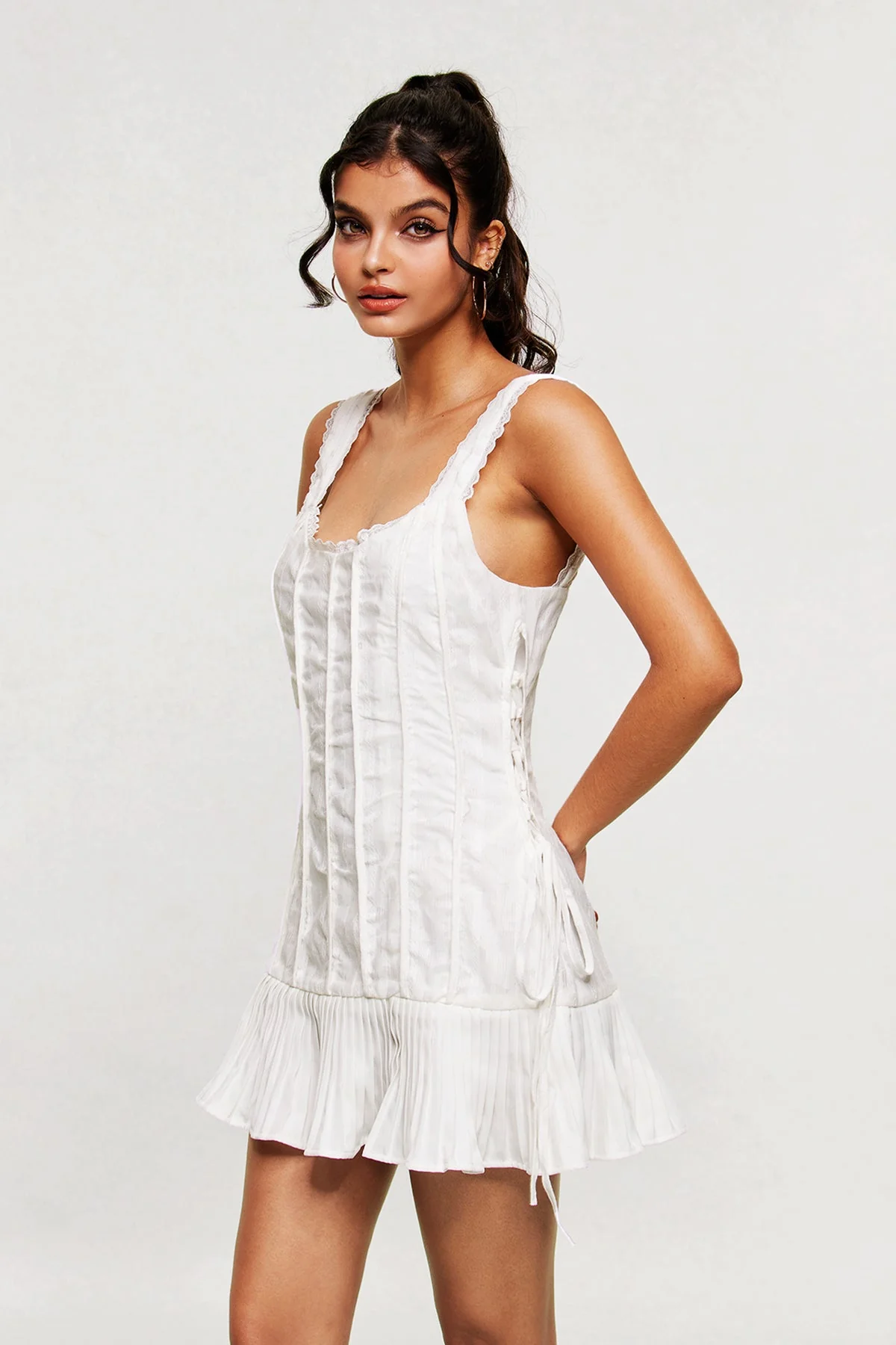 White Stripe Lace Up Mini Dress