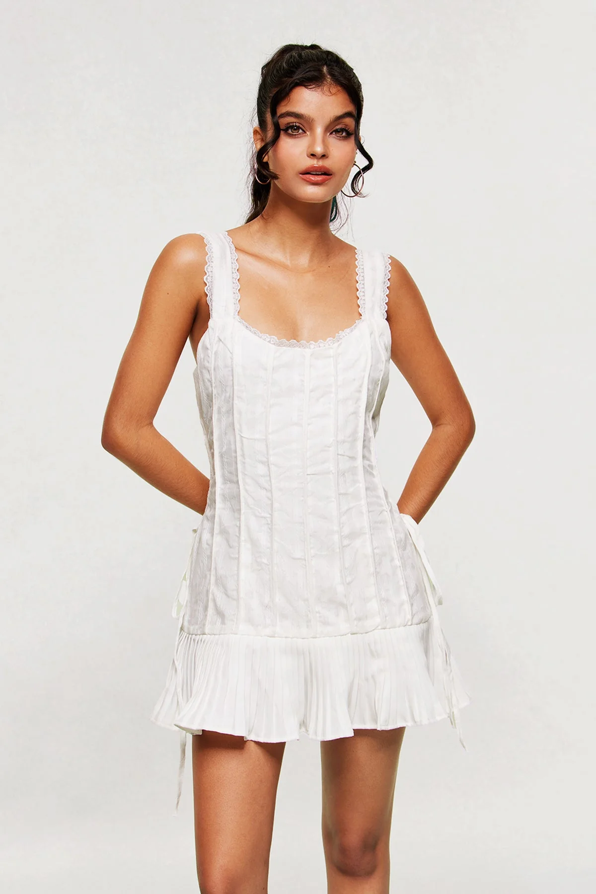 White Stripe Lace Up Mini Dress
