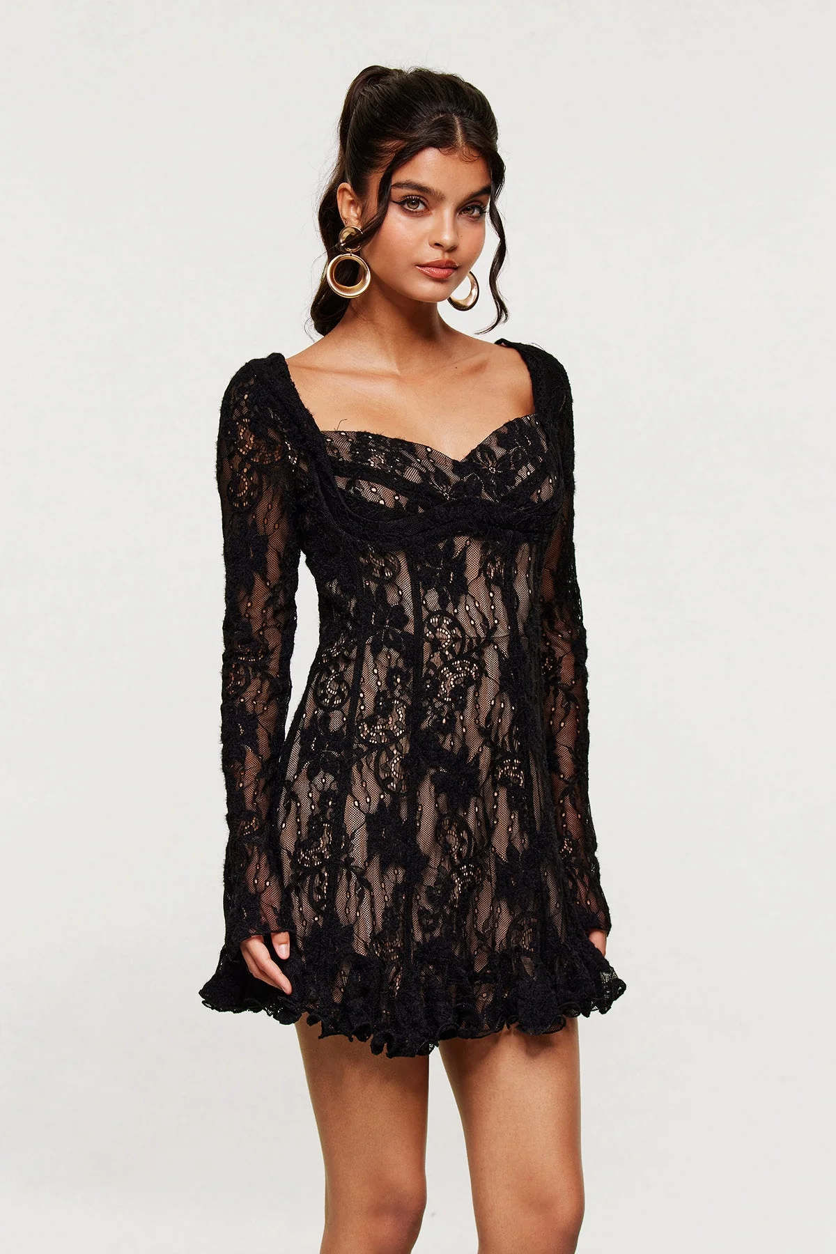 Black Lace Ruffle Mini Dress with Delicate Details
