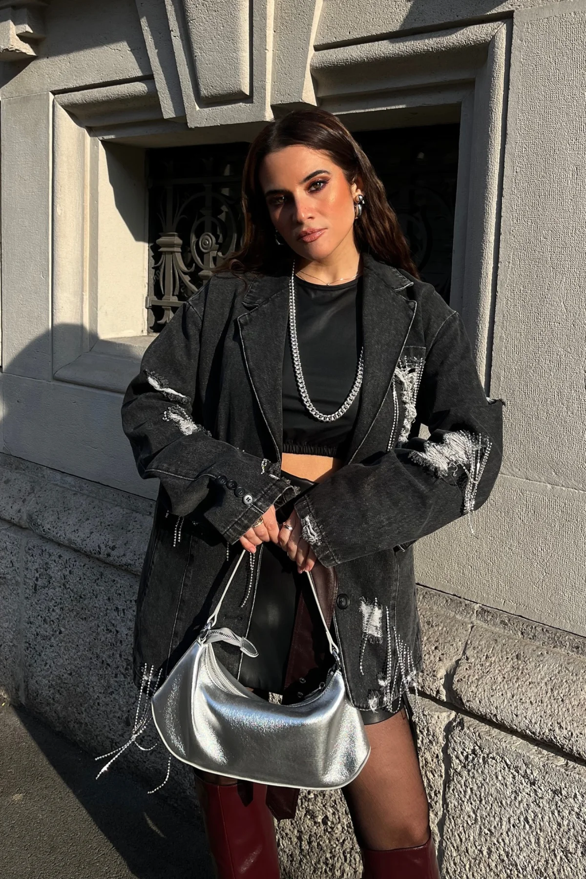 Distressed Rhinestone Embellished Denim Jacket in Black