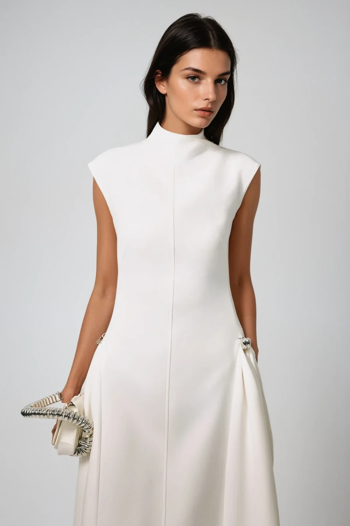 Sleeveless Asymmetric Maxi Dress in White - Elegant Contemporary Design