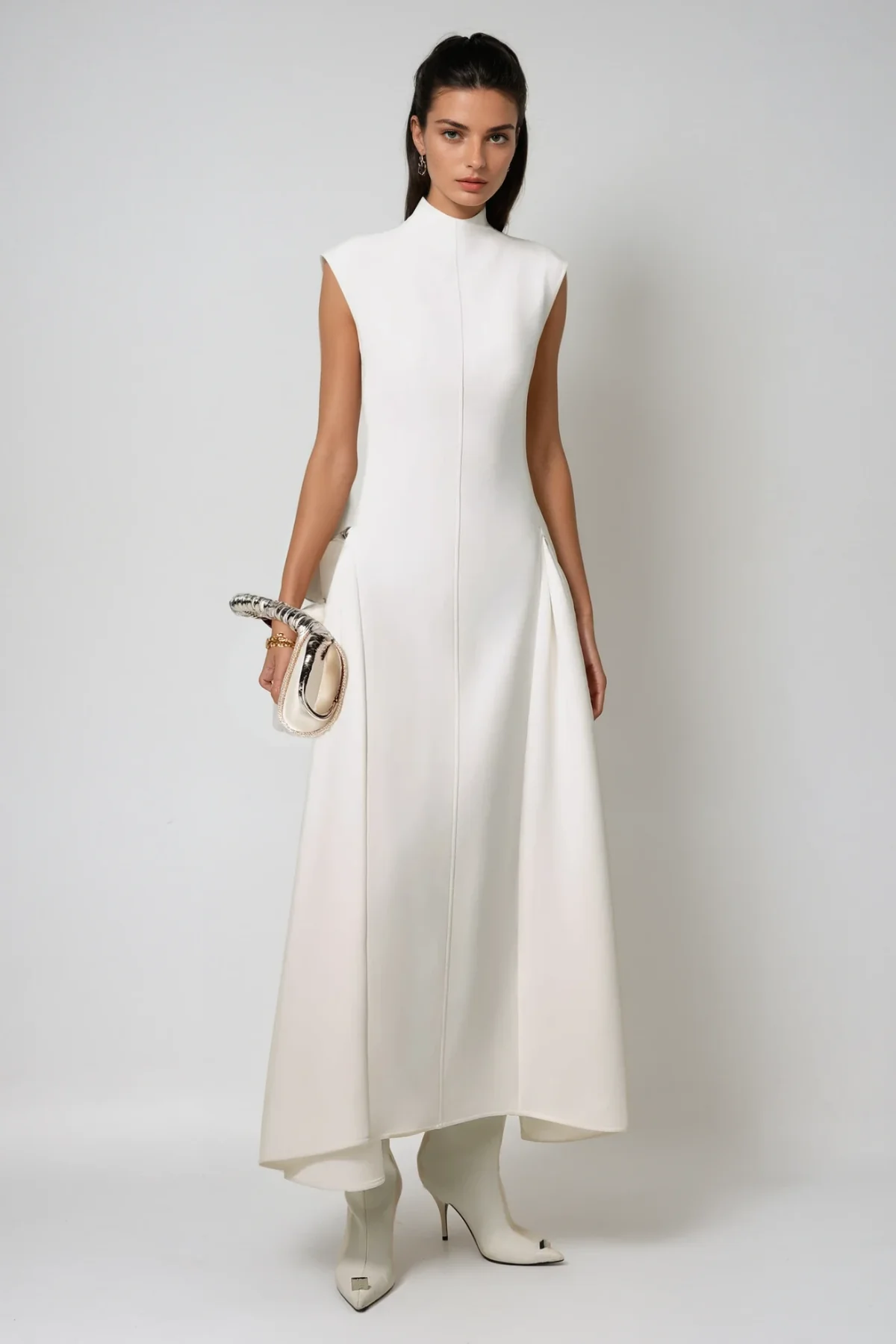 Sleeveless Asymmetric Maxi Dress in White - Elegant Contemporary Design