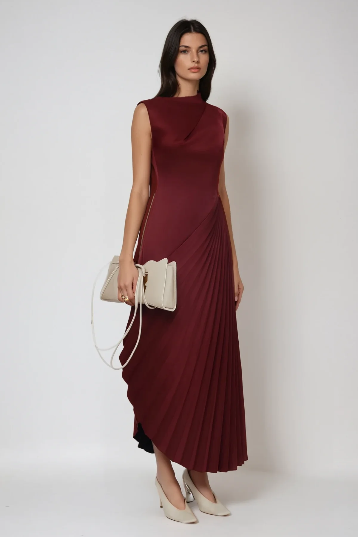 Red Ruch Asymmetric Maxi Dress Elegant Stylish Design