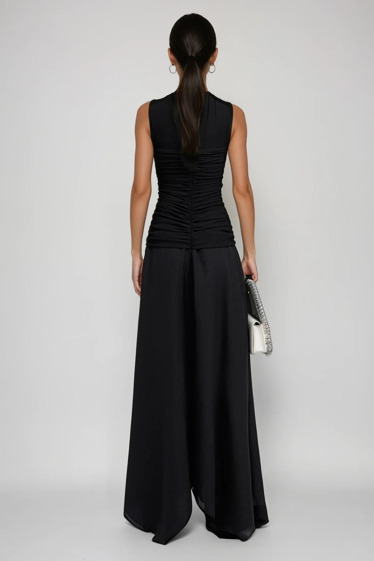 Black Drawstring Asymmetric Maxi Dress for Elegant Events