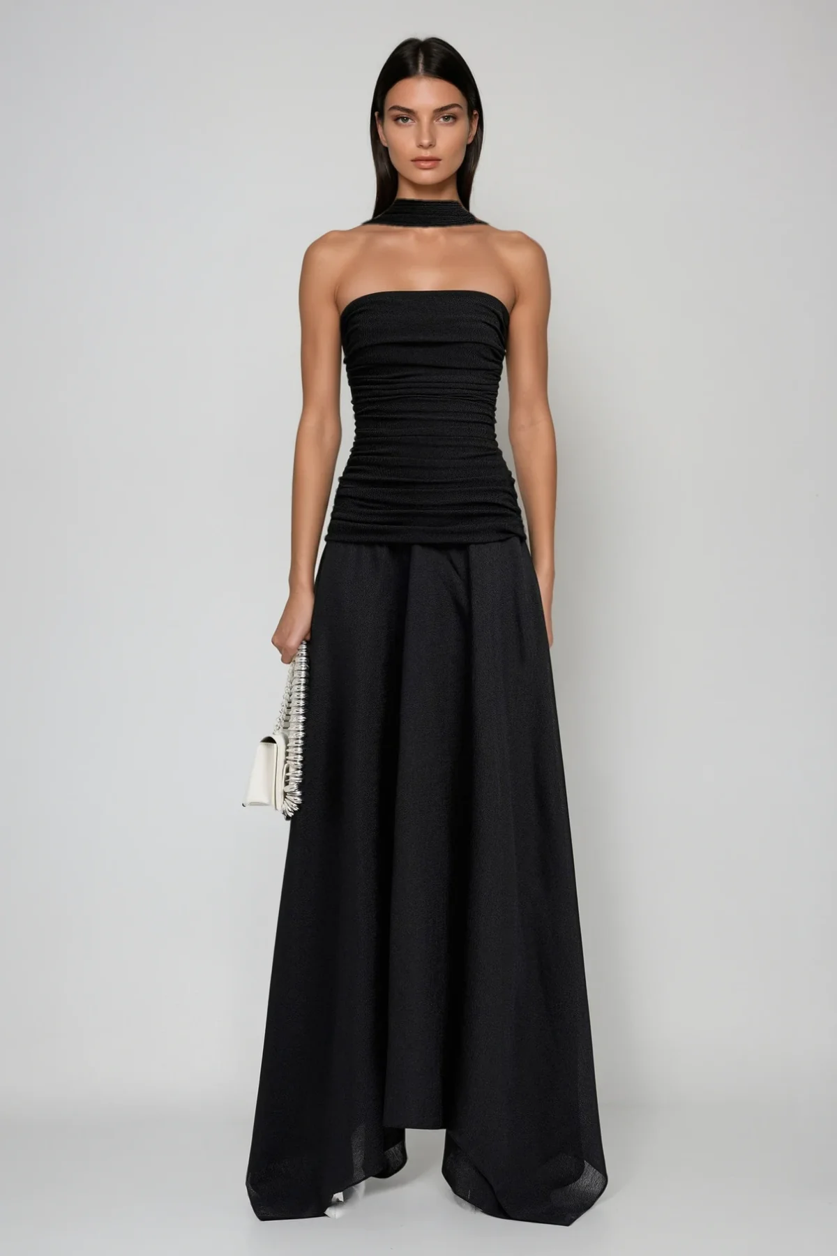 Black Drawstring Asymmetric Maxi Dress for Elegant Events