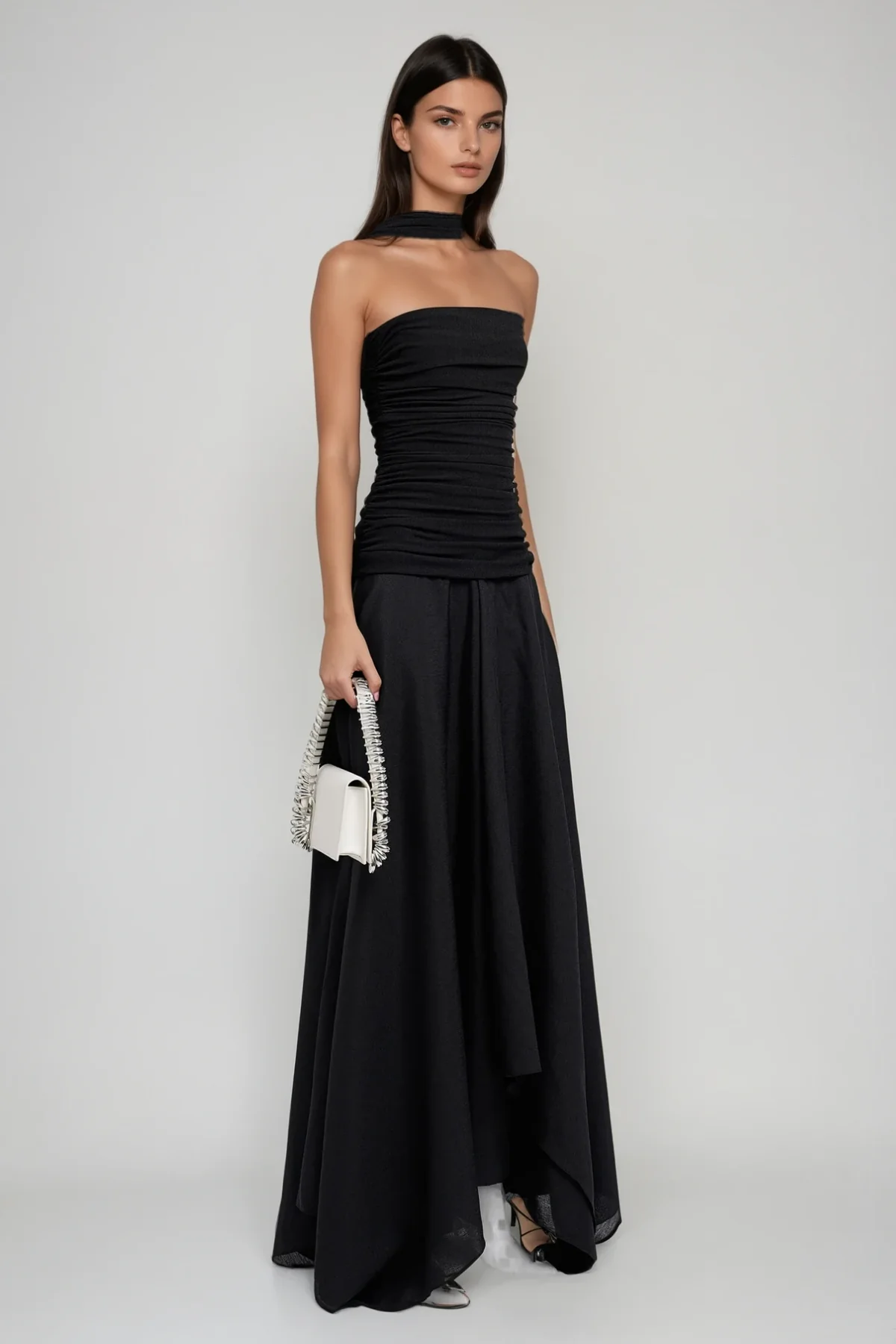 Black Drawstring Asymmetric Maxi Dress for Elegant Events