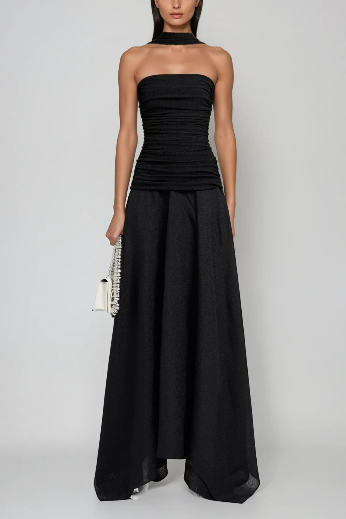 Black Drawstring Asymmetric Maxi Dress for Elegant Events