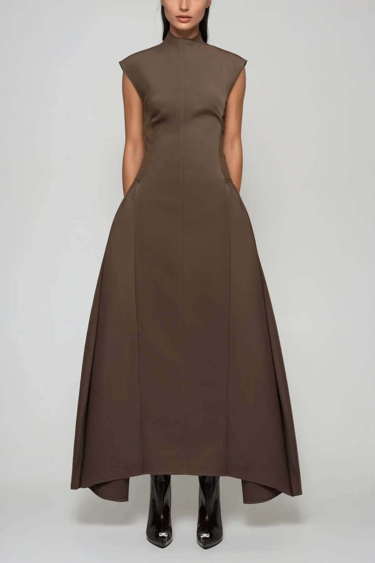 Brown Asymmetric Sleeveless Maxi Dress for Elegant Occasions