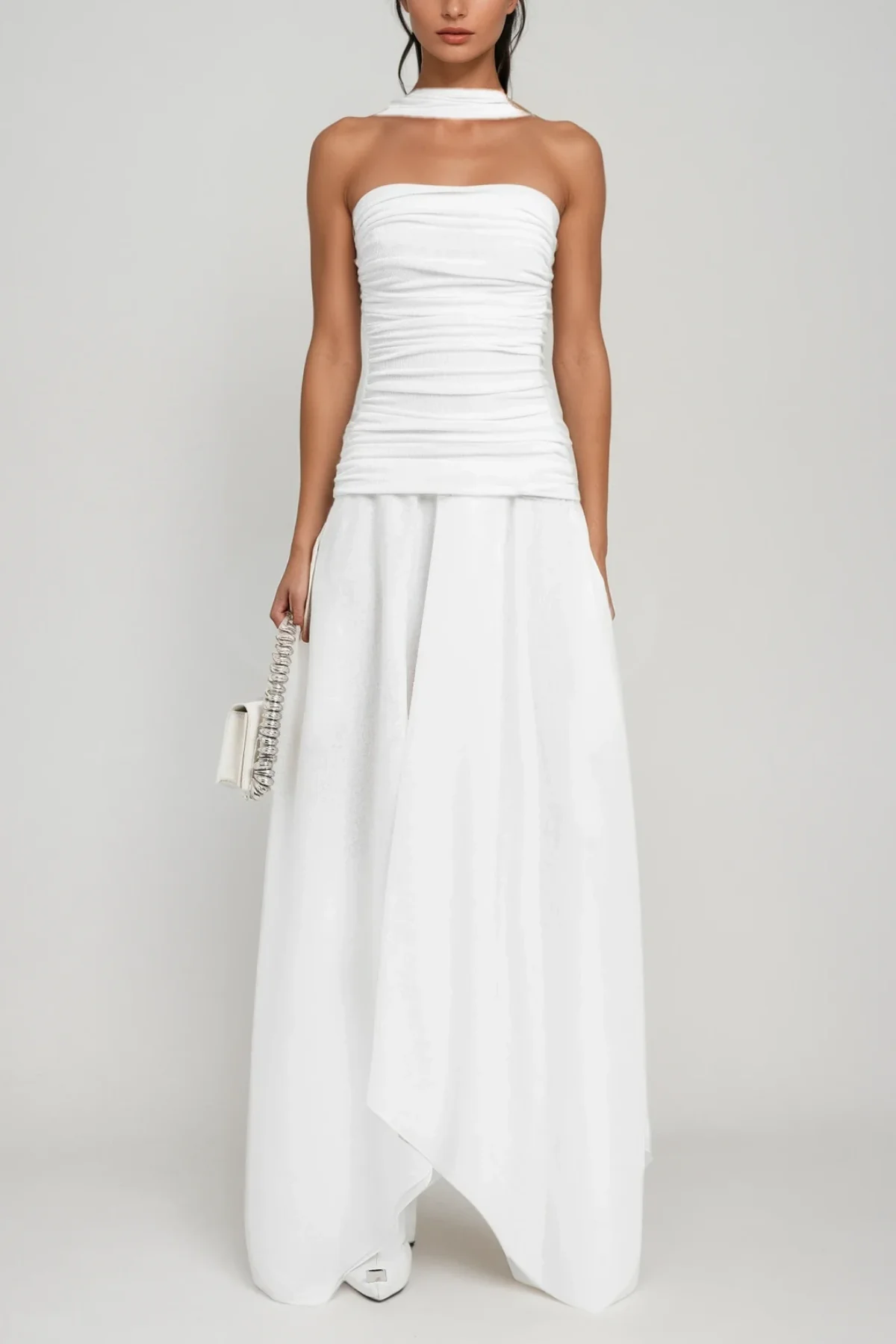 White Asymmetric Maxi Dress with Drawstring Waist