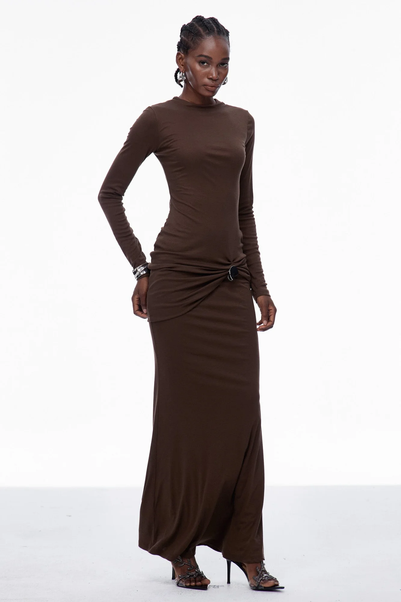 Brown Ruched Bodycon Maxi Dress - Elegant Comfort & Style