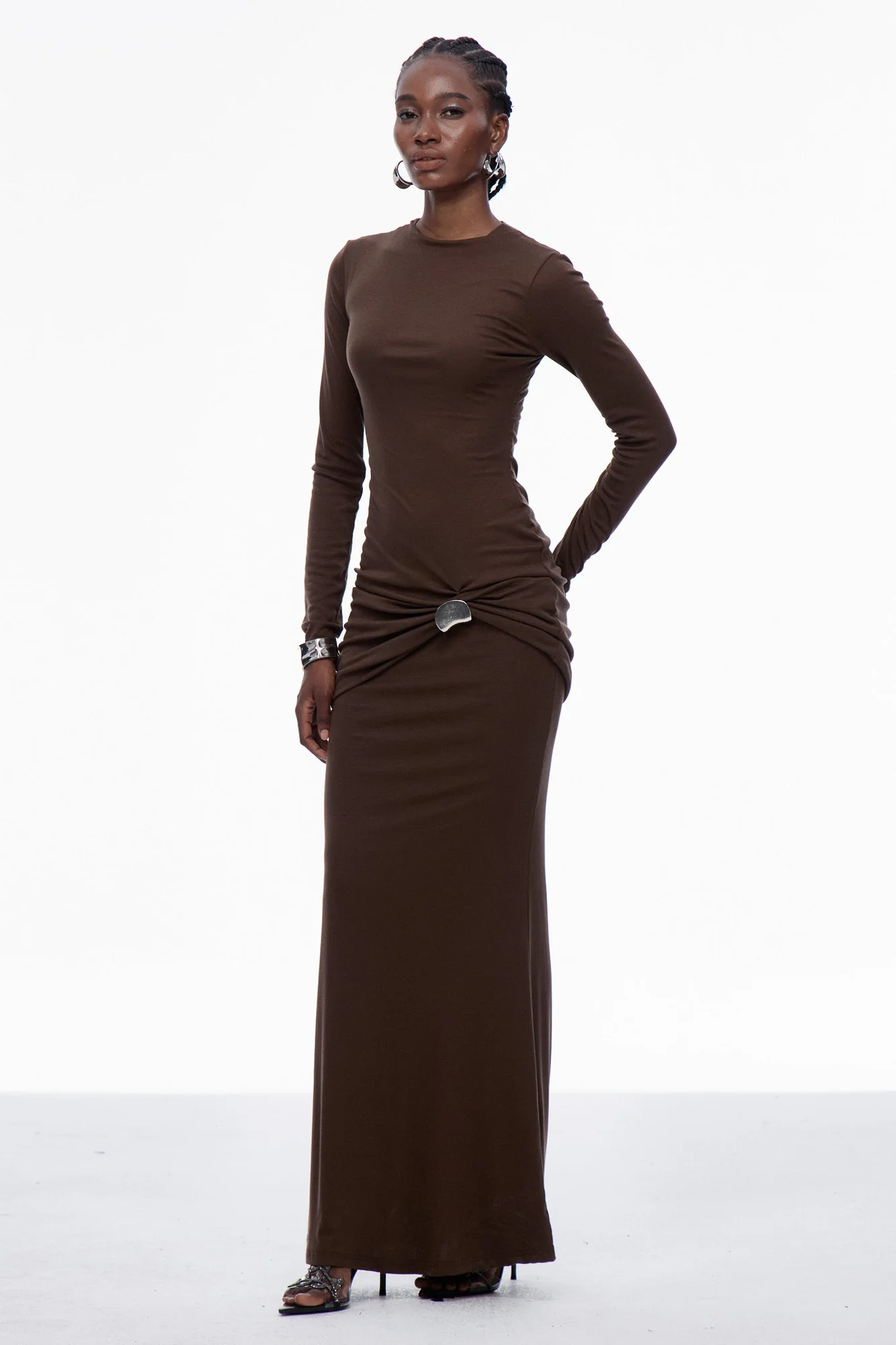 Brown Ruched Bodycon Maxi Dress - Elegant Comfort & Style