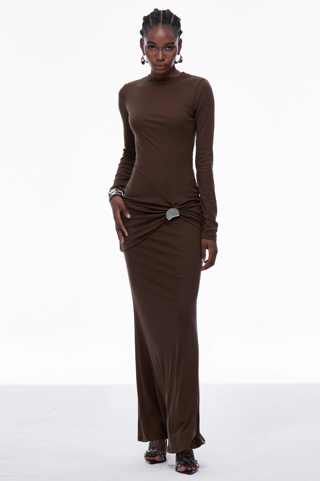 Brown Ruched Bodycon Maxi Dress - Elegant Comfort & Style