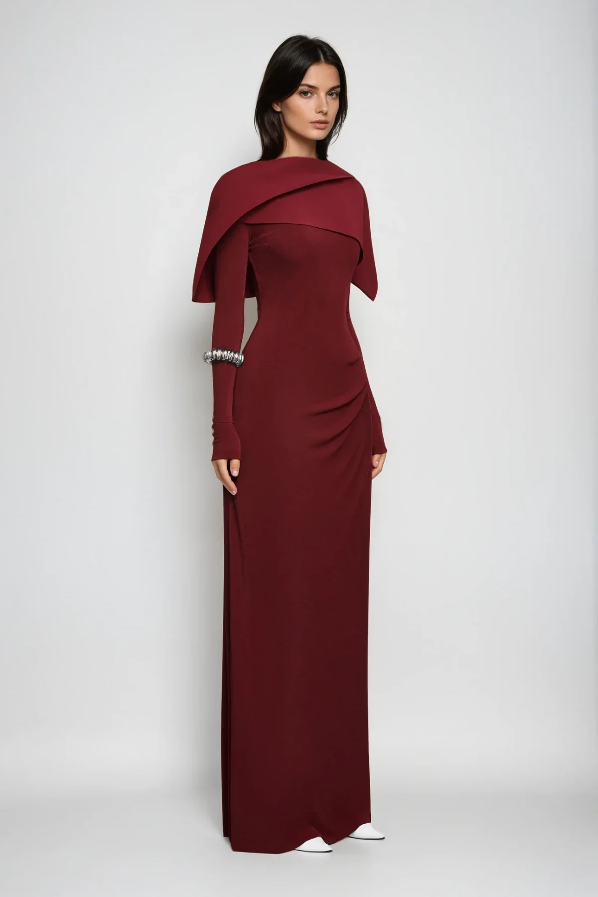 Red Shawl Ruch Bodycon Maxi Dress - Elegant Formal Wear